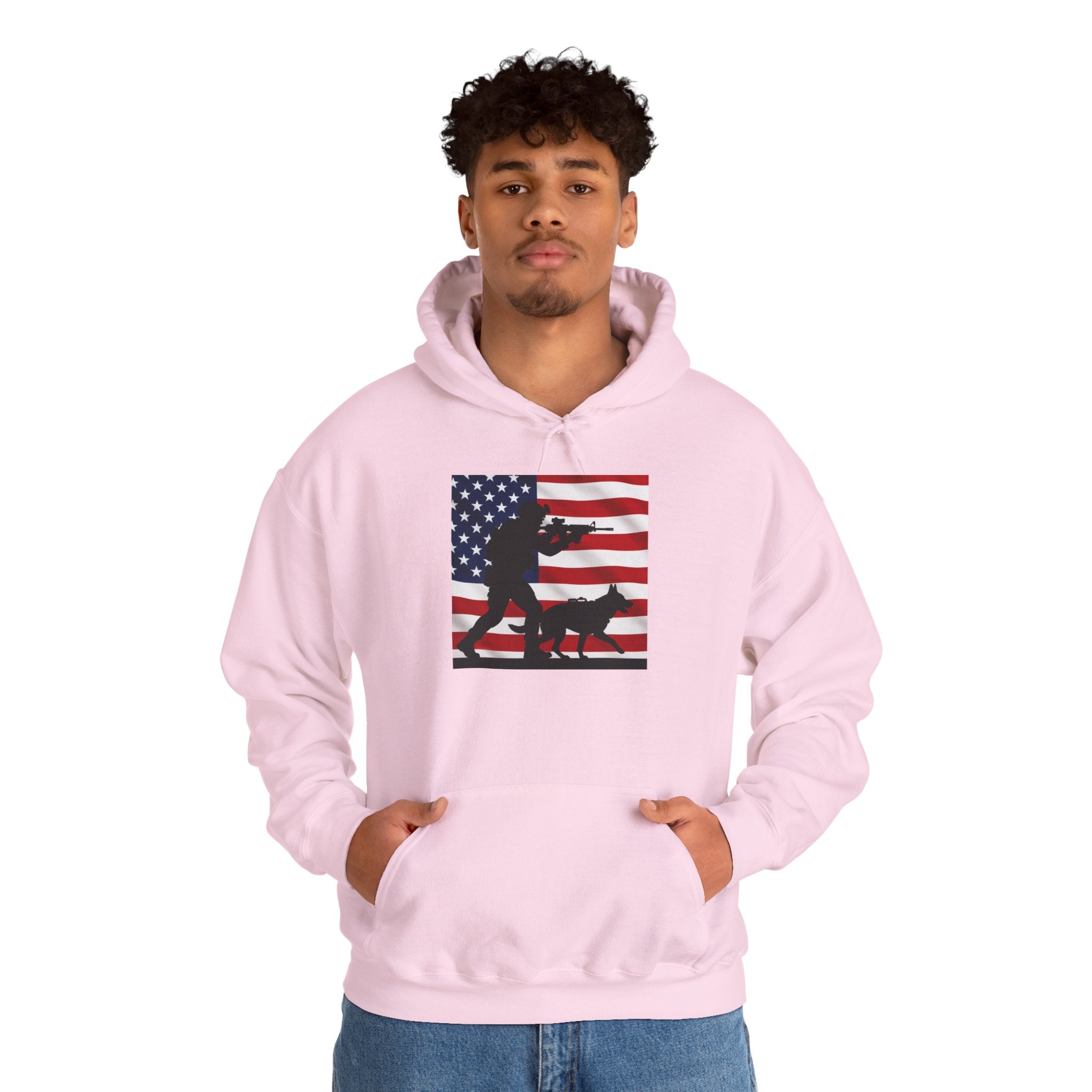 American K9 Handler Hoodie — US Flag Dog Silhouette Patriotic Sweatshirt