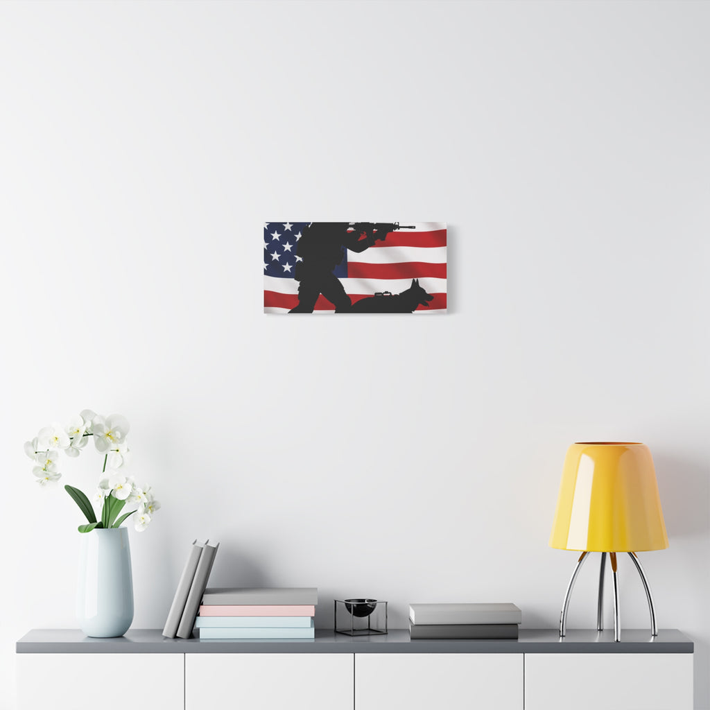 Patriotic Military K9 Canvas Wall Art — Soldier and Dog Silhouette with American Flag