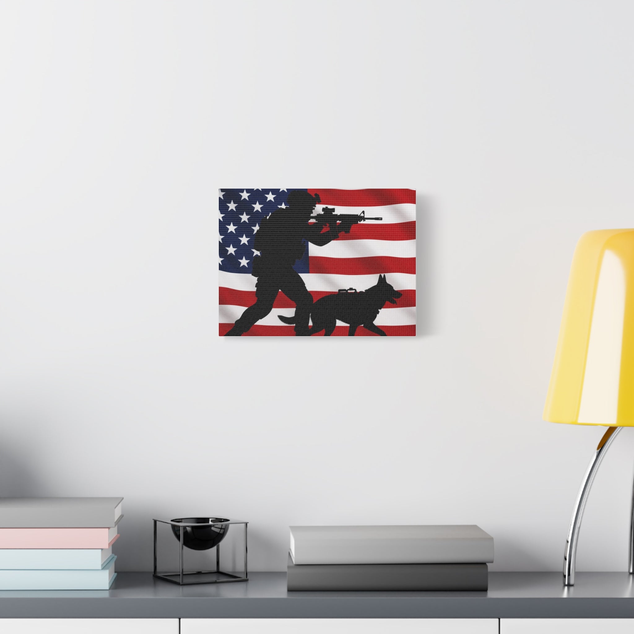 Patriotic Military K9 Canvas Wall Art — Soldier and Dog Silhouette with American Flag