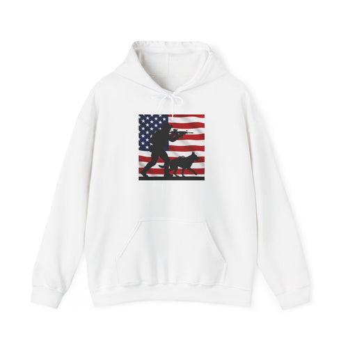 American K9 Handler Hoodie — US Flag Dog Silhouette Patriotic Sweatshirt
