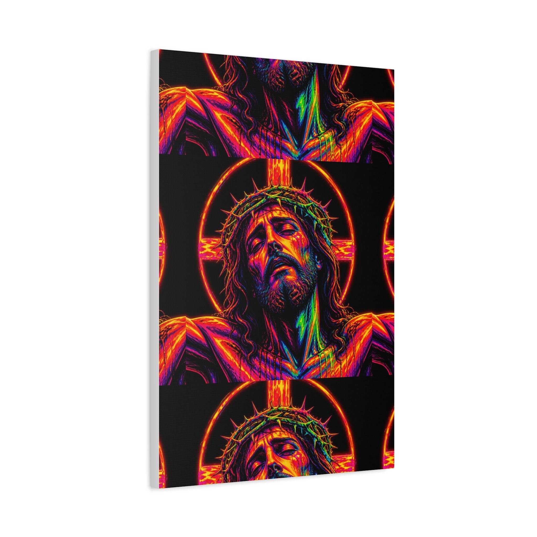 Neon Christ Crucifix Canvas Print — Vibrant Religious Wall Art