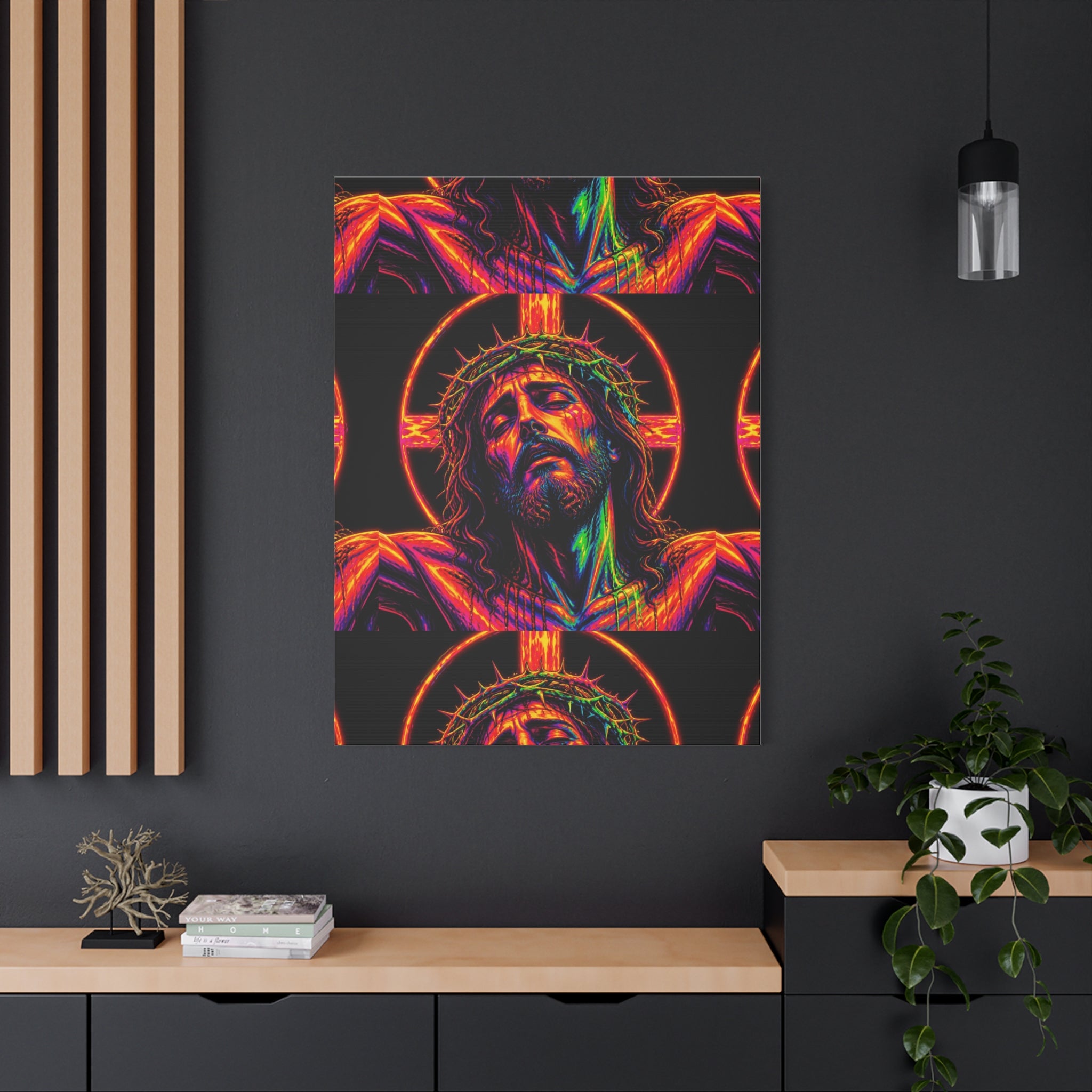 Neon Christ Crucifix Canvas Print — Vibrant Religious Wall Art