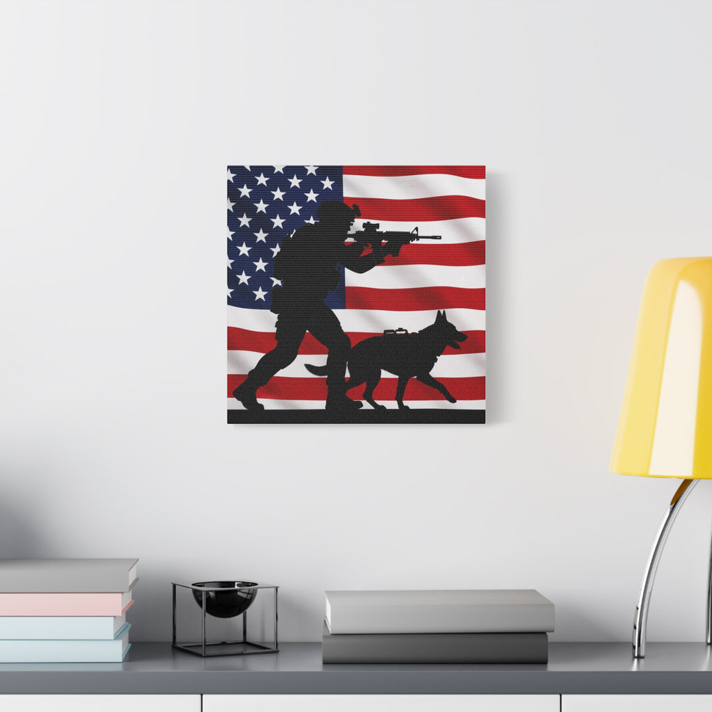 Patriotic Military K9 Canvas Wall Art — Soldier and Dog Silhouette with American Flag