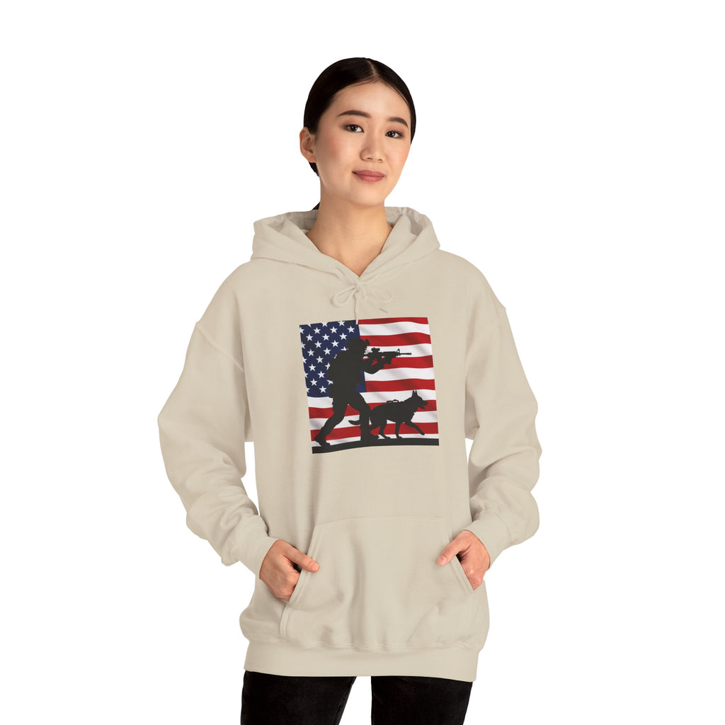 American K9 Handler Hoodie — US Flag Dog Silhouette Patriotic Sweatshirt
