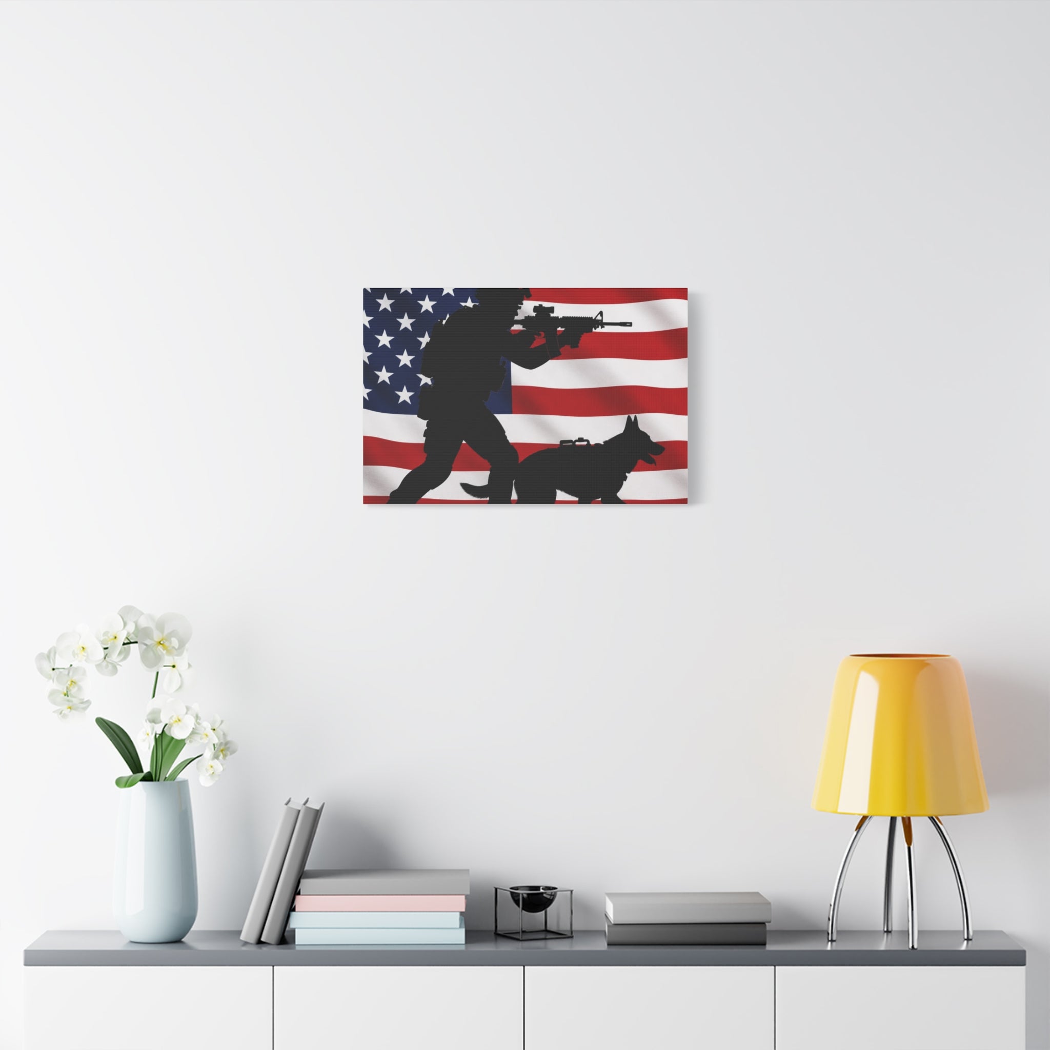 Patriotic Military K9 Canvas Wall Art — Soldier and Dog Silhouette with American Flag