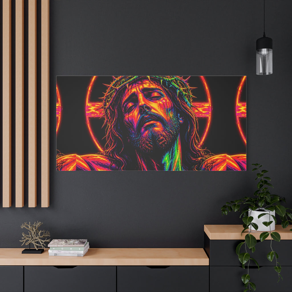Neon Christ Crucifix Canvas Print — Vibrant Religious Wall Art