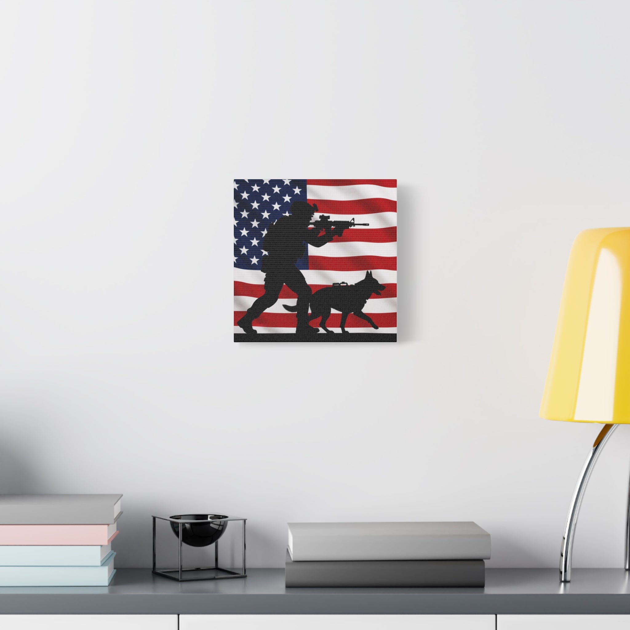 Patriotic Military K9 Canvas Wall Art — Soldier and Dog Silhouette with American Flag