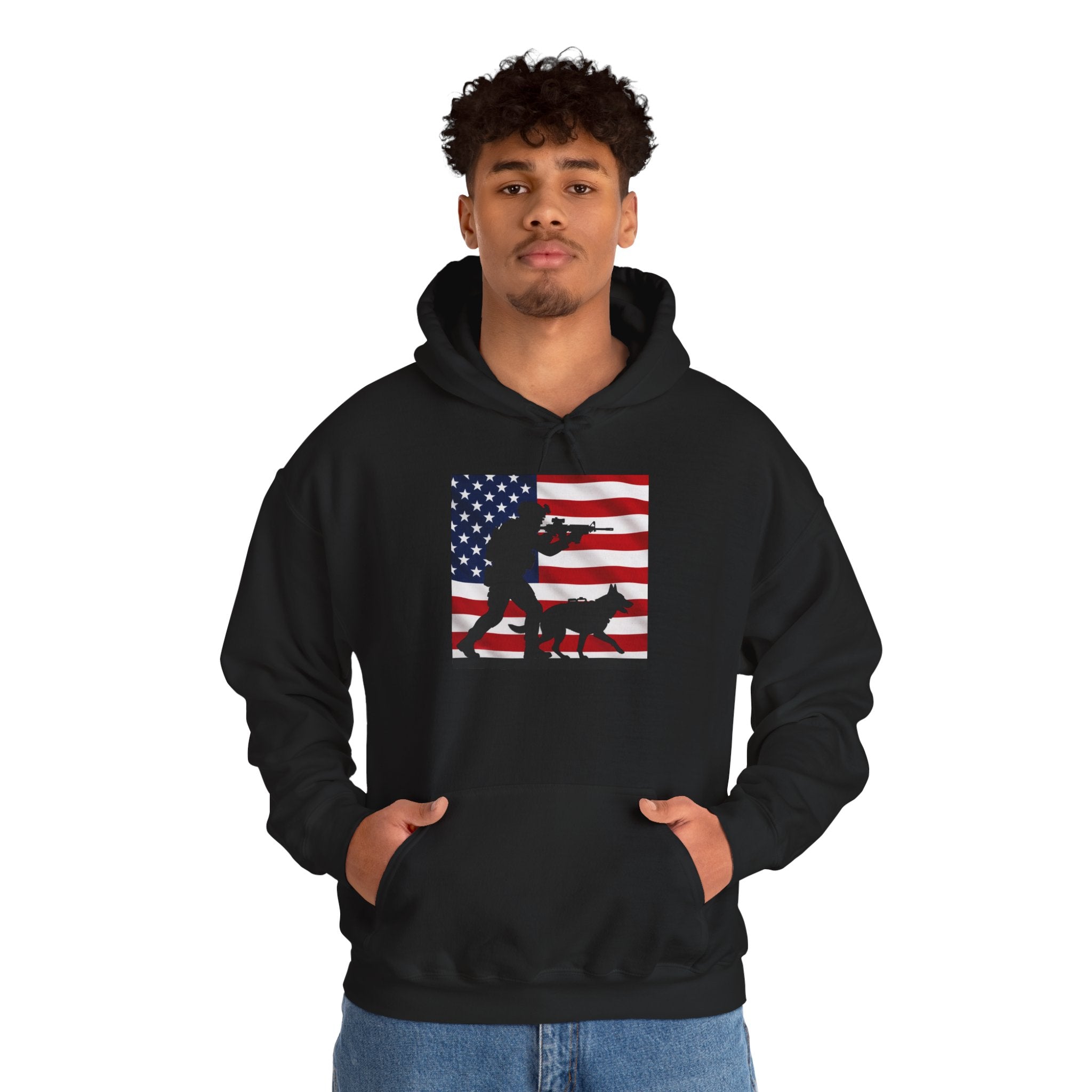 American K9 Handler Hoodie — US Flag Dog Silhouette Patriotic Sweatshirt