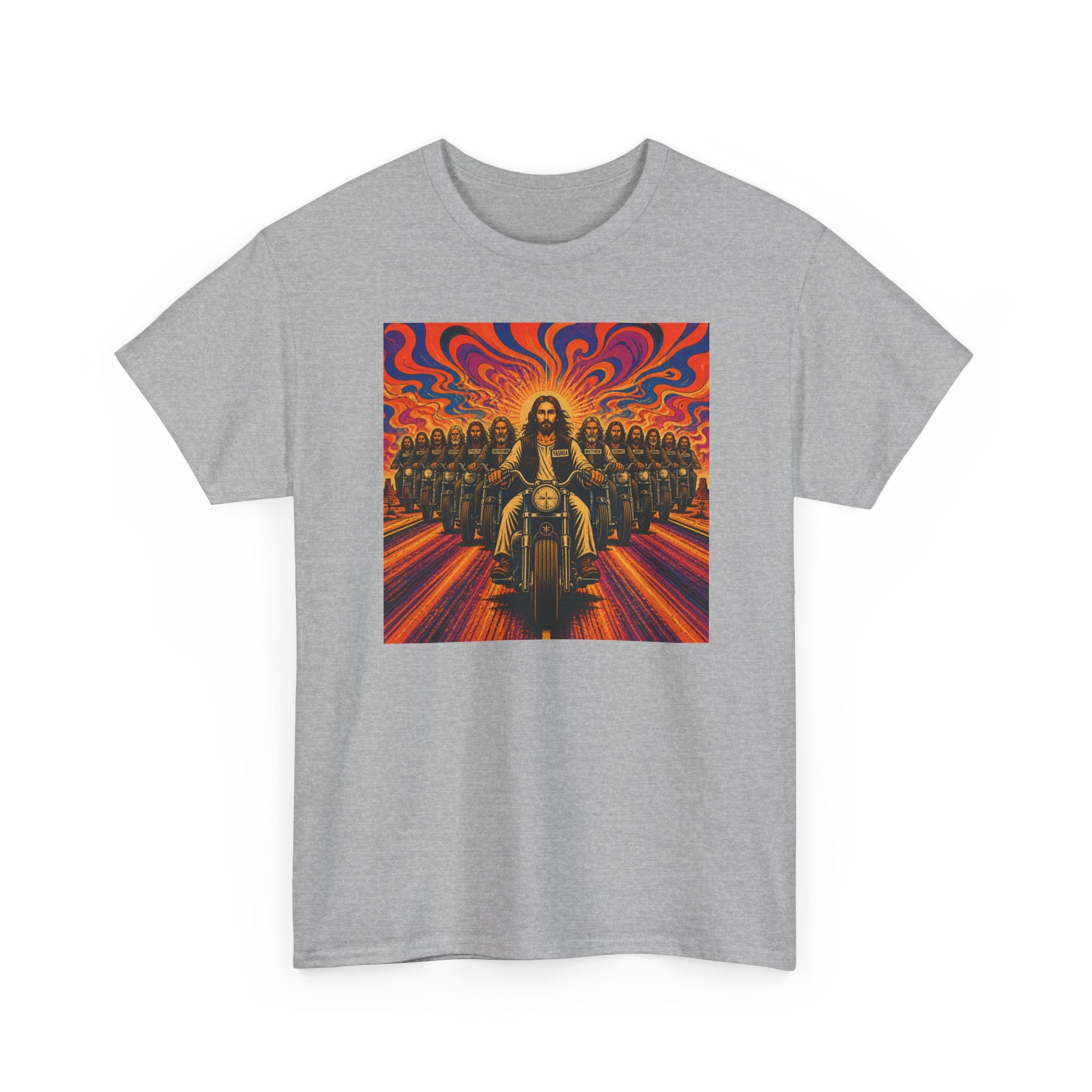 Psychedelic Yashua/Jesus Biker Crew T-Shirt — Retro Jesus Motorcycle Rider Graphic Tee