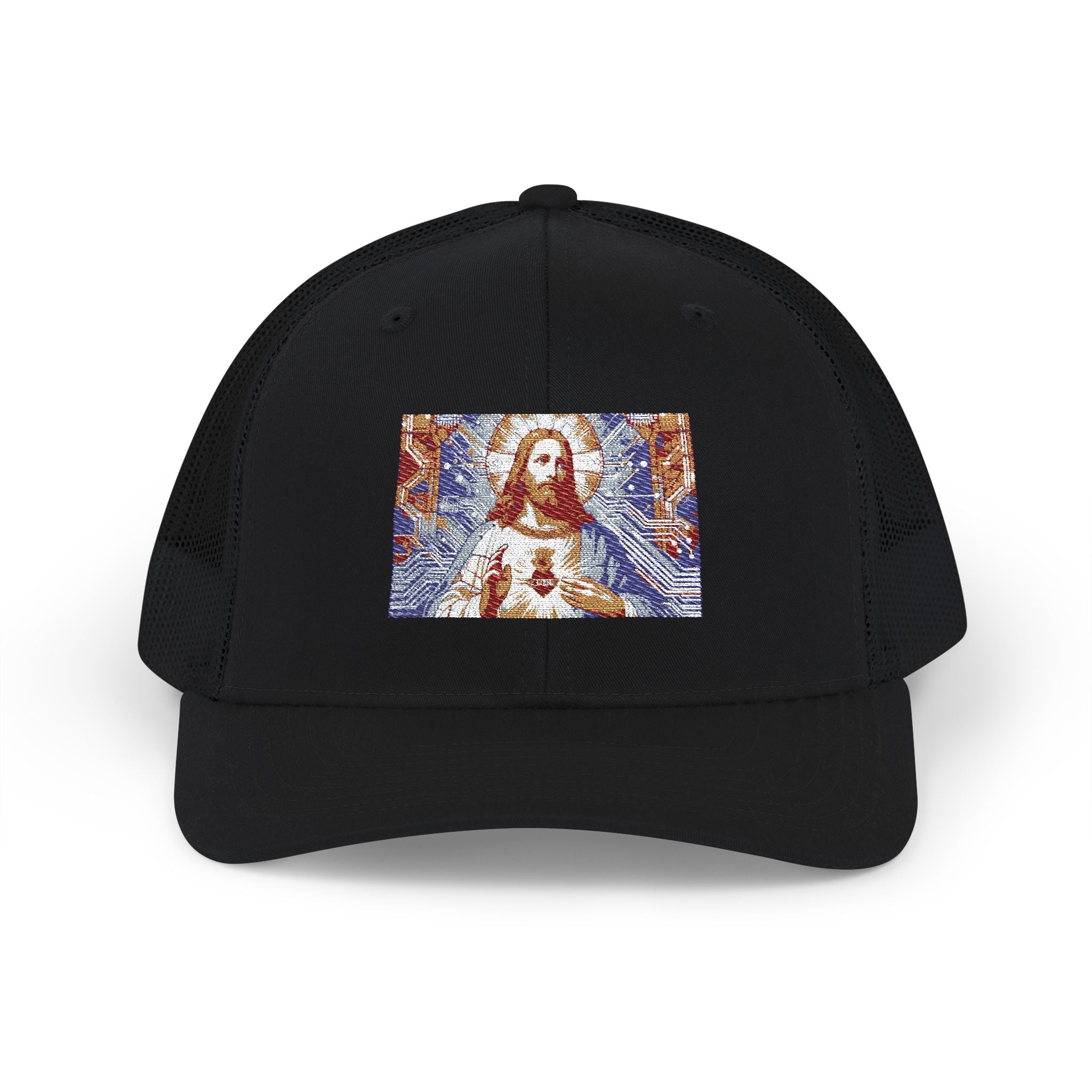 Religious Trucker Cap — Mosaic Sacred Heart Patch Snapback