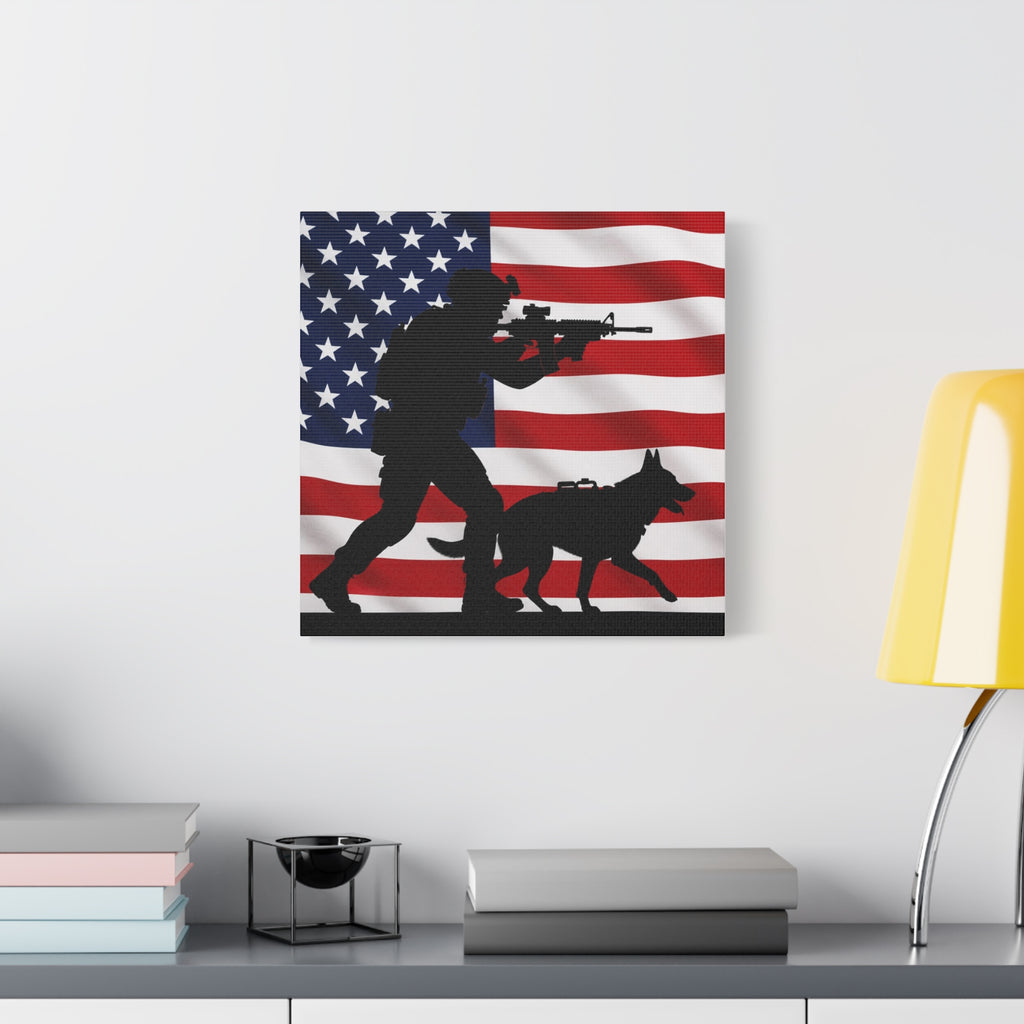 Patriotic Military K9 Canvas Wall Art — Soldier and Dog Silhouette with American Flag