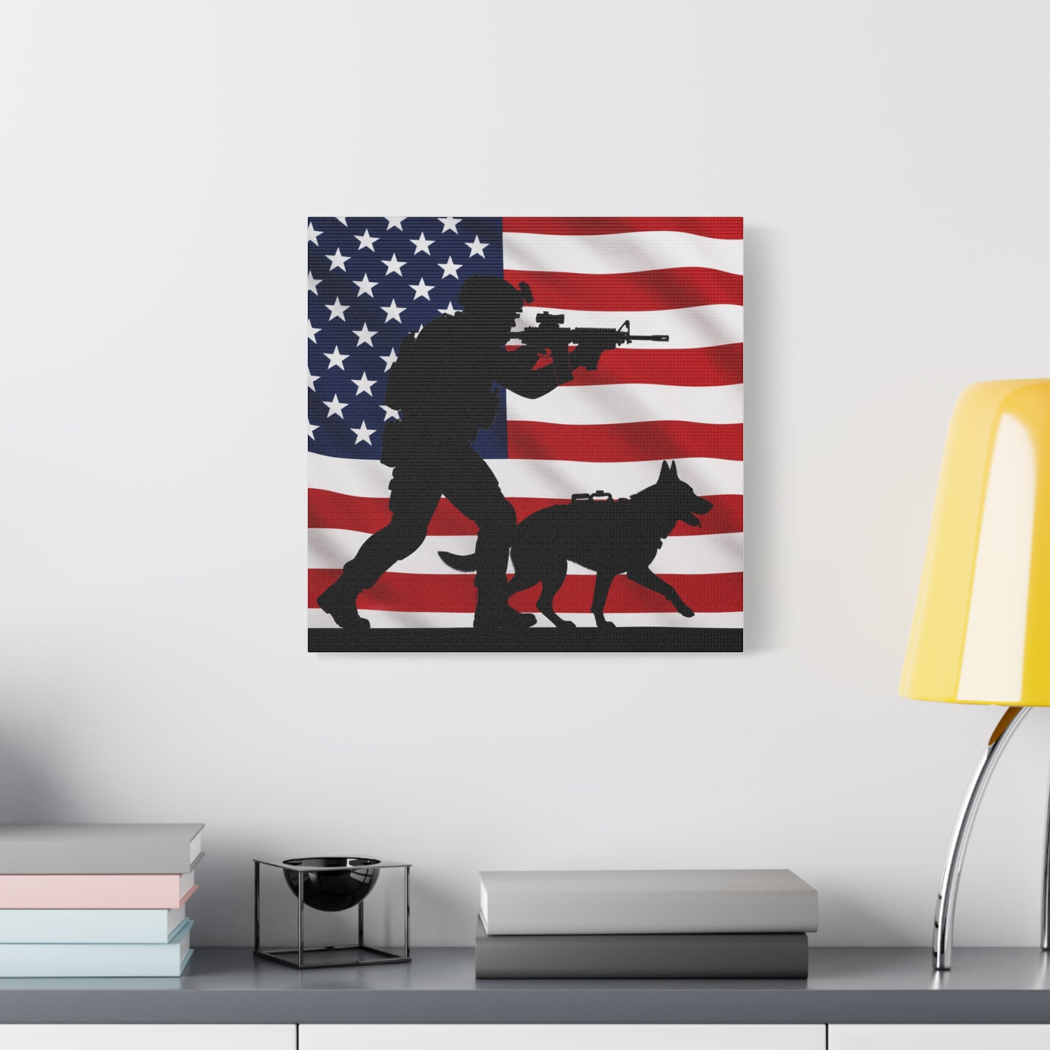 Patriotic Military K9 Canvas Wall Art — Soldier and Dog Silhouette with American Flag