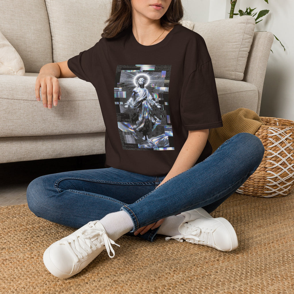 Glitch Halo Jesus T-Shirt — Vintage Religious Retro Digital Art Tee