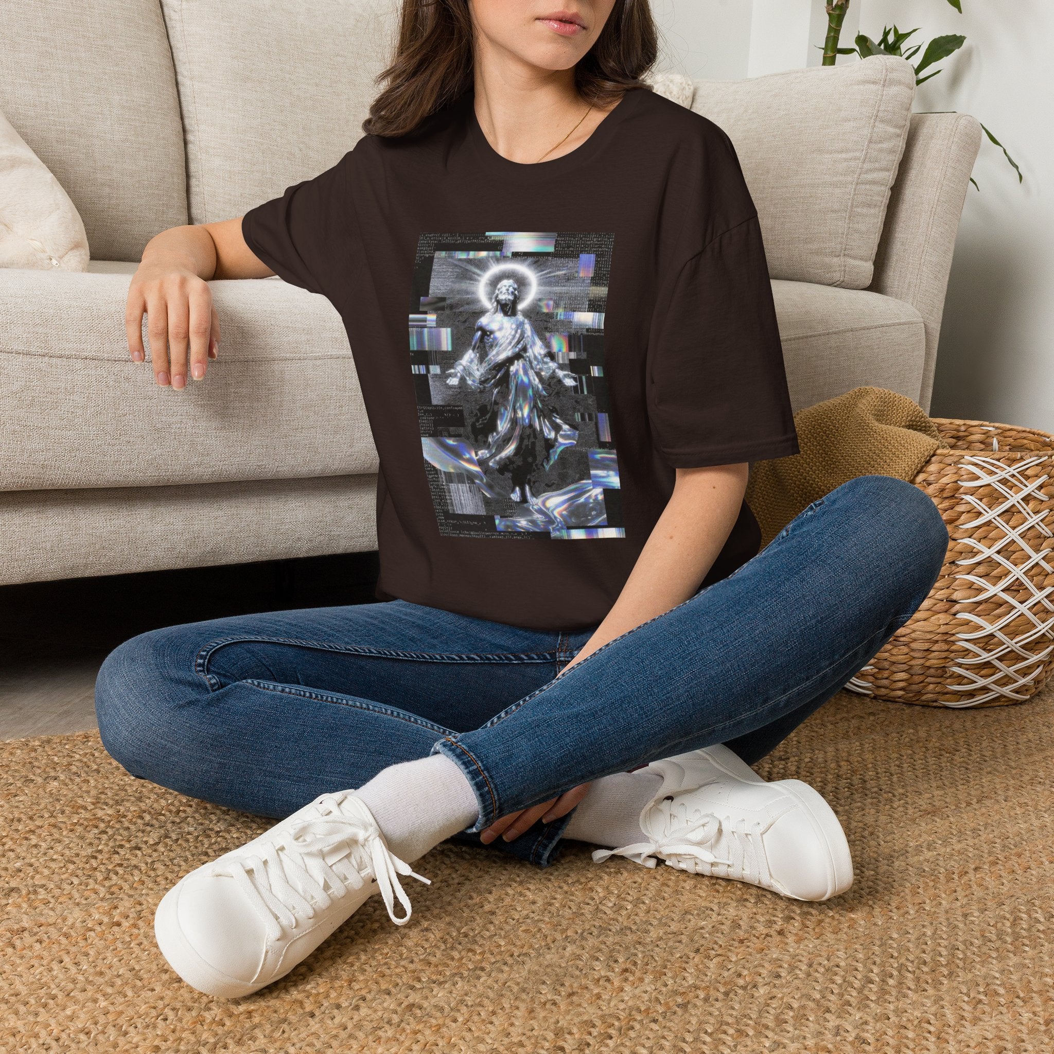 Glitch Halo Jesus T-Shirt — Vintage Religious Retro Digital Art Tee