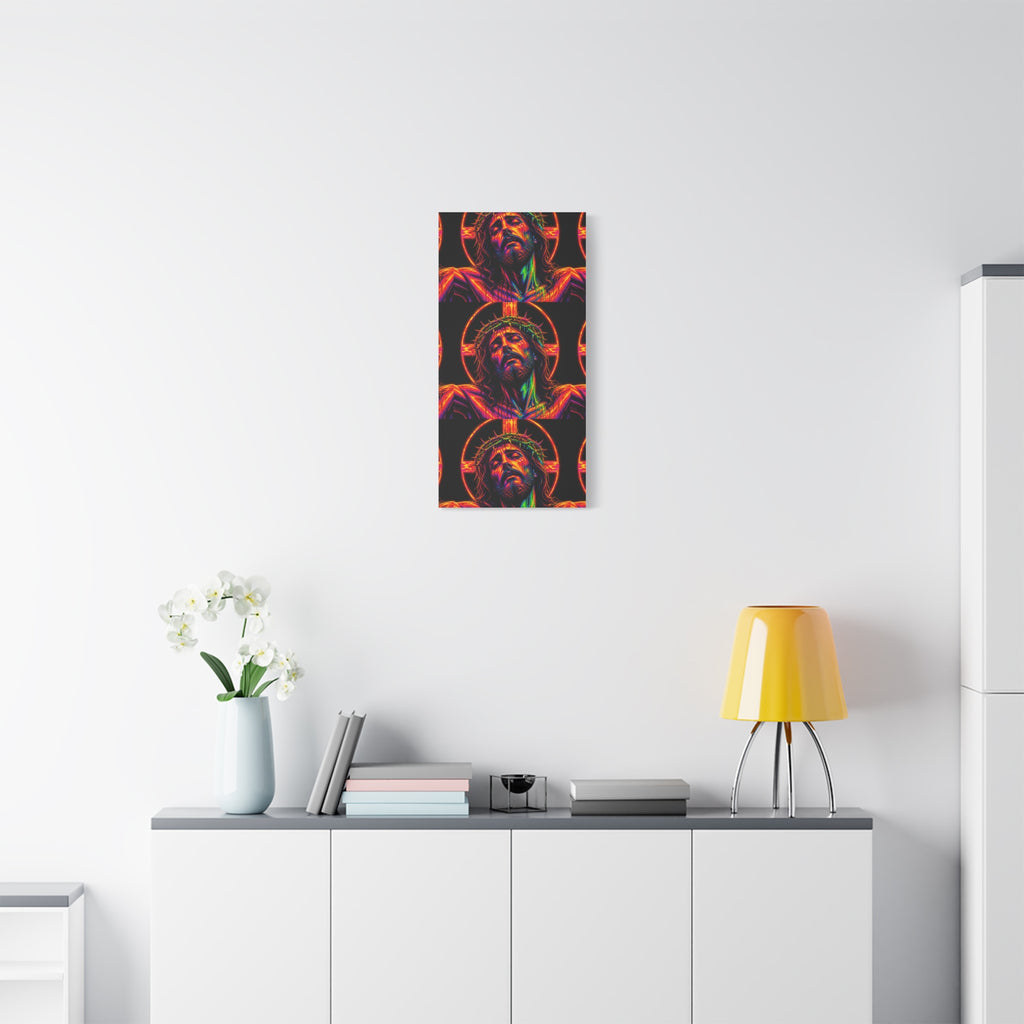 Neon Christ Crucifix Canvas Print — Vibrant Religious Wall Art