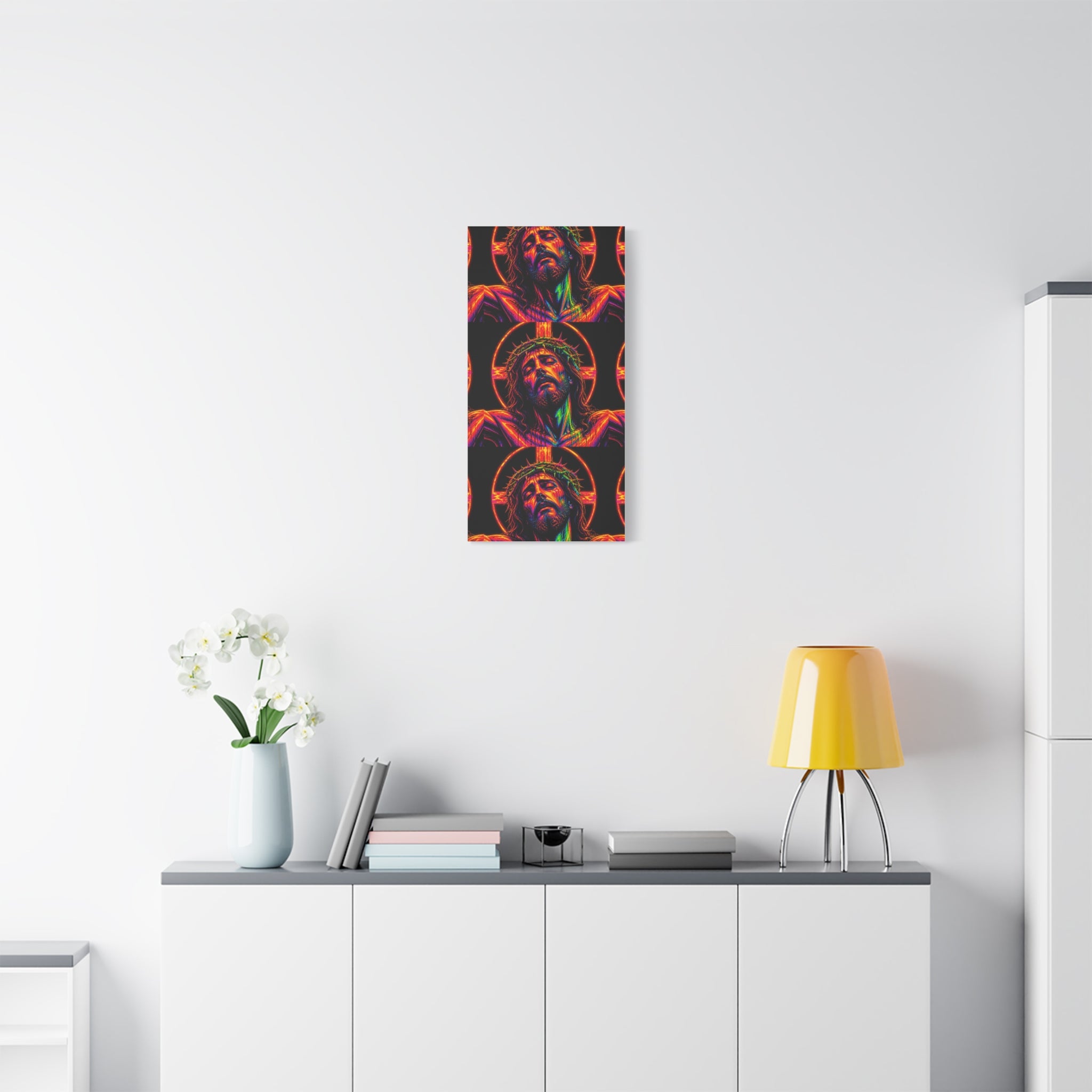 Neon Christ Crucifix Canvas Print — Vibrant Religious Wall Art