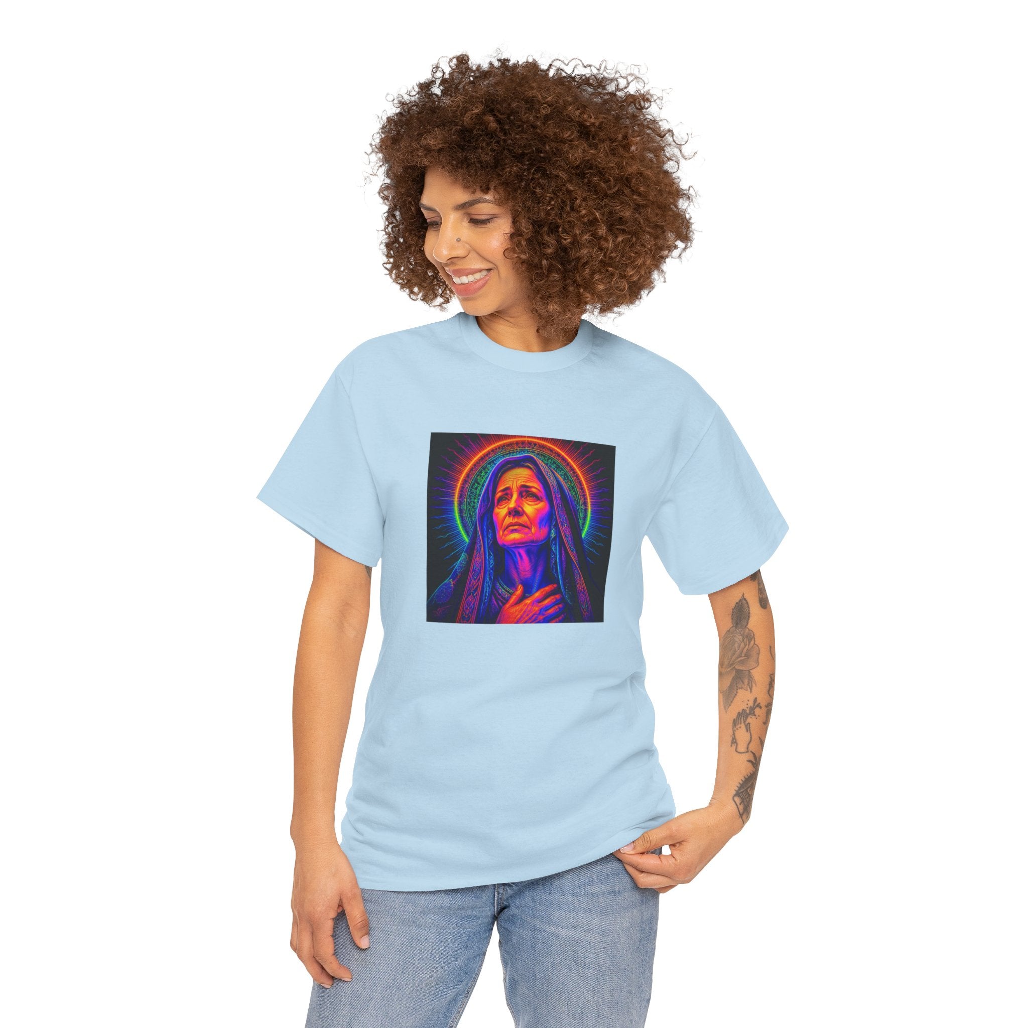 T-Shirt — Neon Madonna Portrait Graphic Tee Mother of Christ