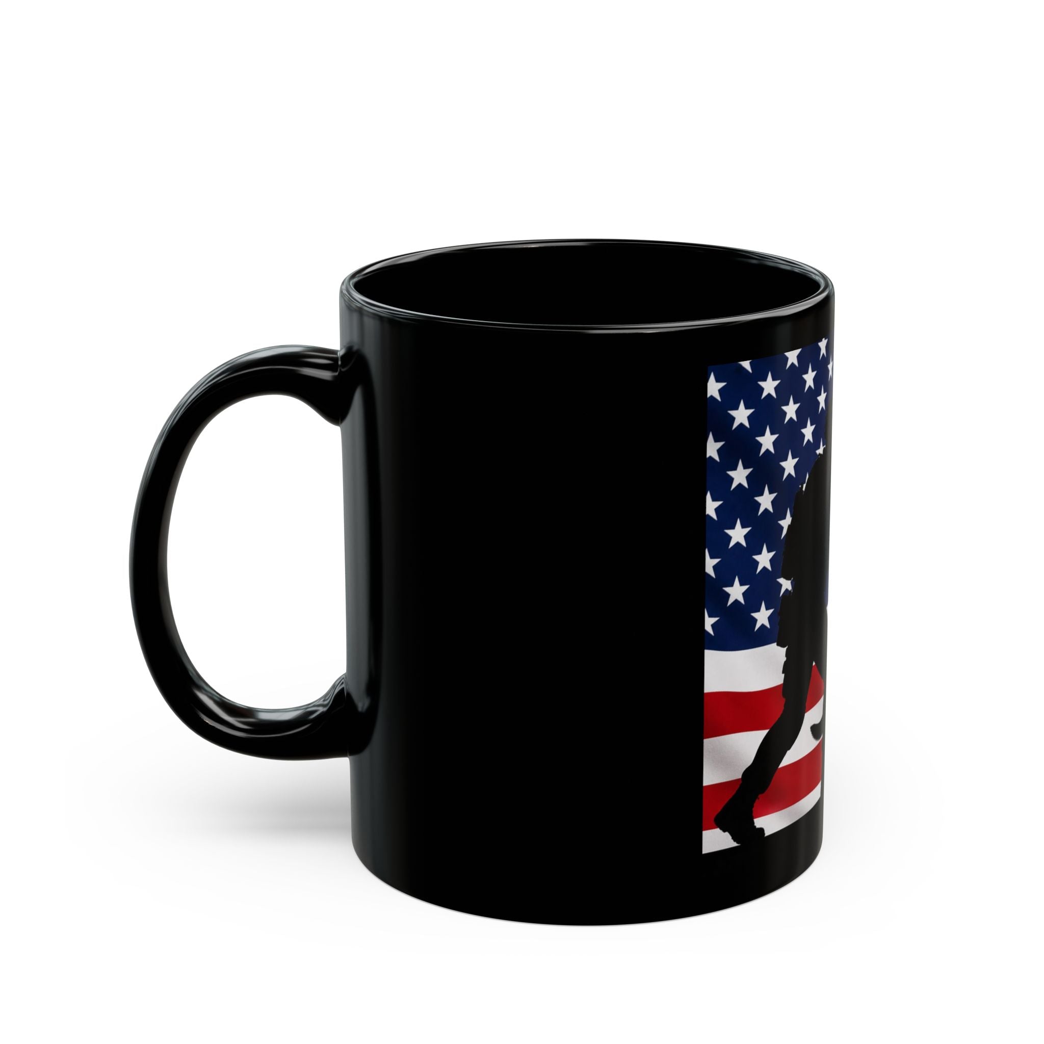 American Military K9 Mug — Soldier & Service Dog Silhouette with US Flag (11oz/15oz)