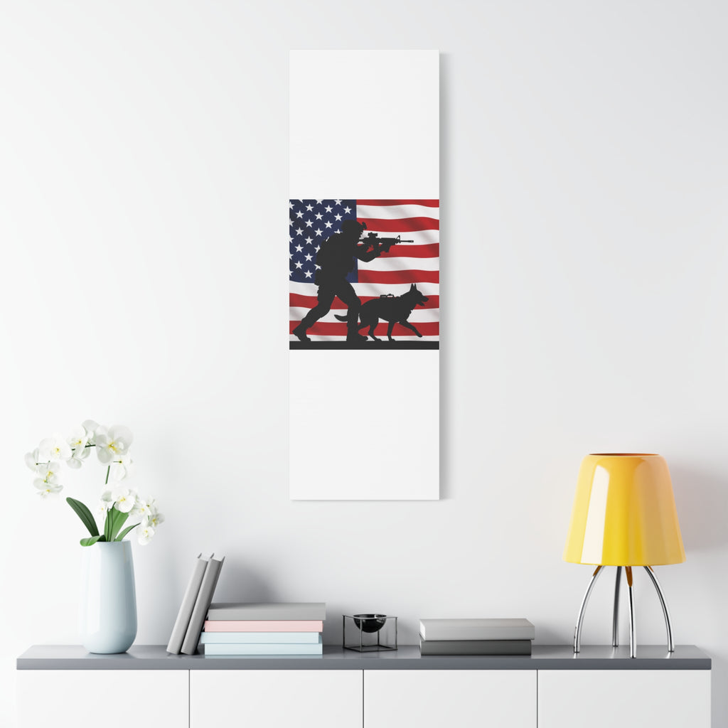 Patriotic Military K9 Canvas Wall Art — Soldier and Dog Silhouette with American Flag