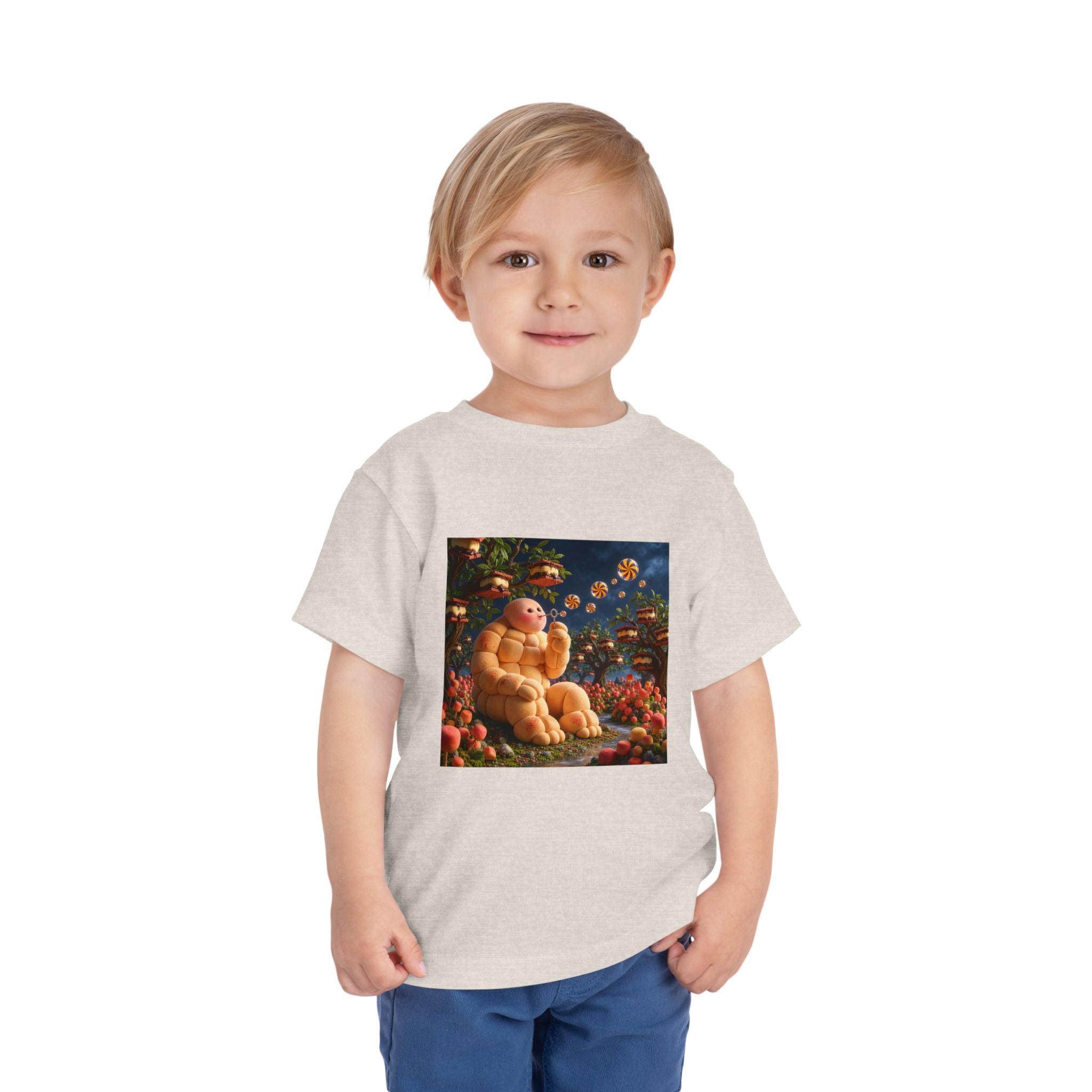 Toddler Tee — Cute Chubby Creature in Flower Garden Kids Shirt-Marshmallow Man