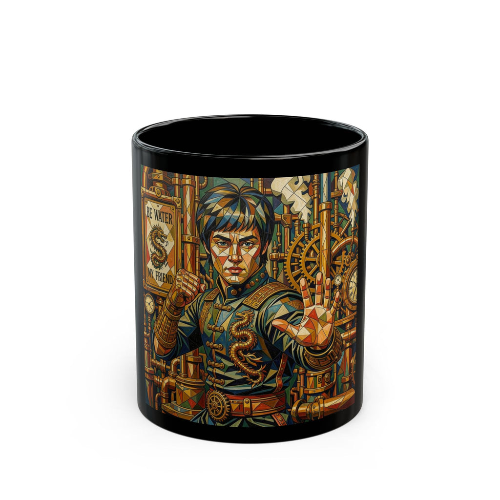 Steampunk Bruce Lee Black Mug – Mechanical Gears Art Coffee Cup (11oz/15oz)