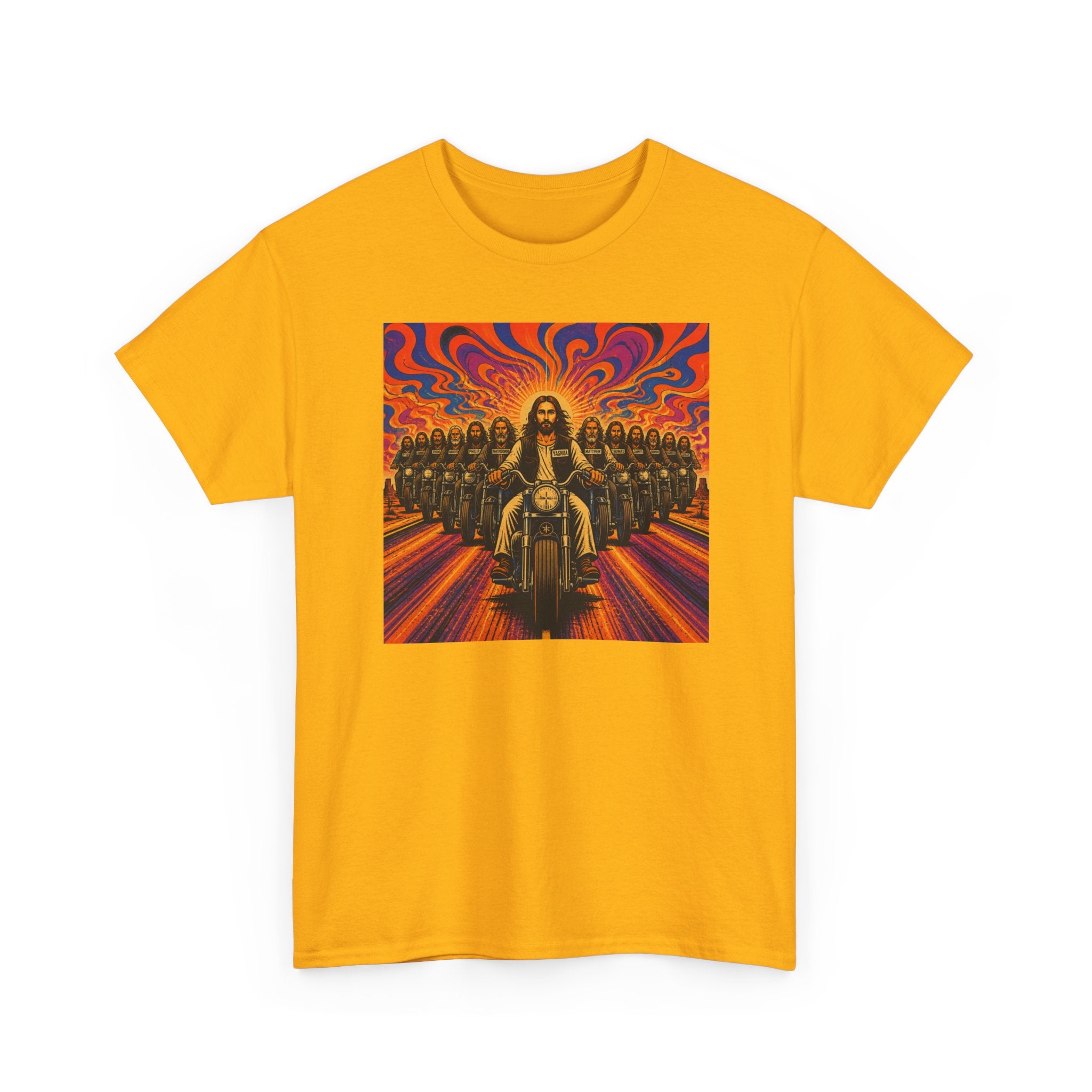 Psychedelic Yashua/Jesus Biker Crew T-Shirt — Retro Jesus Motorcycle Rider Graphic Tee
