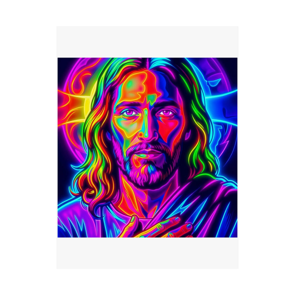 Neon Jesus Portrait Satin Poster — Vibrant Spiritual Wall Art (210gsm)
