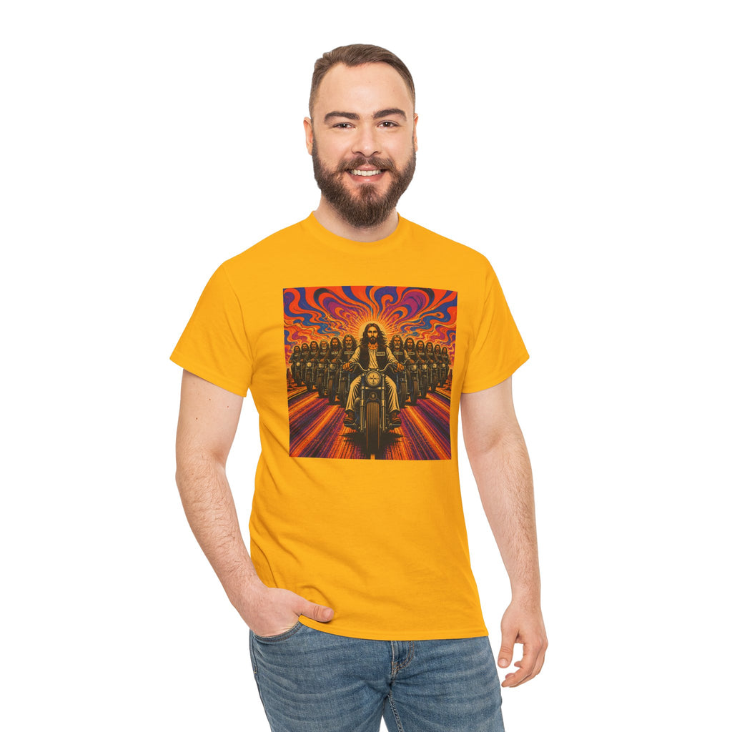Psychedelic Yashua/Jesus Biker Crew T-Shirt — Retro Jesus Motorcycle Rider Graphic Tee