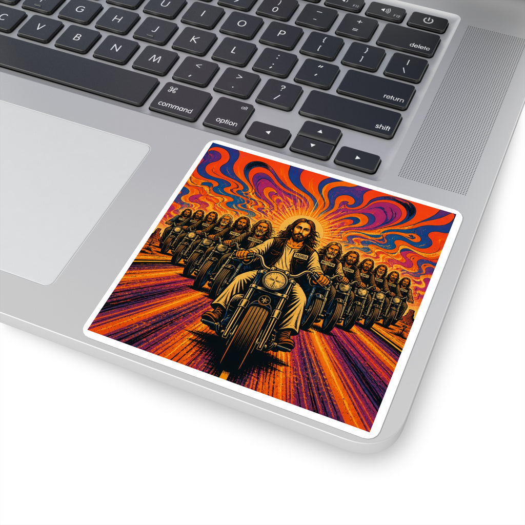 Psychedelic Biker Jesus Square Sticker — Retro Motorcycle Faith Art