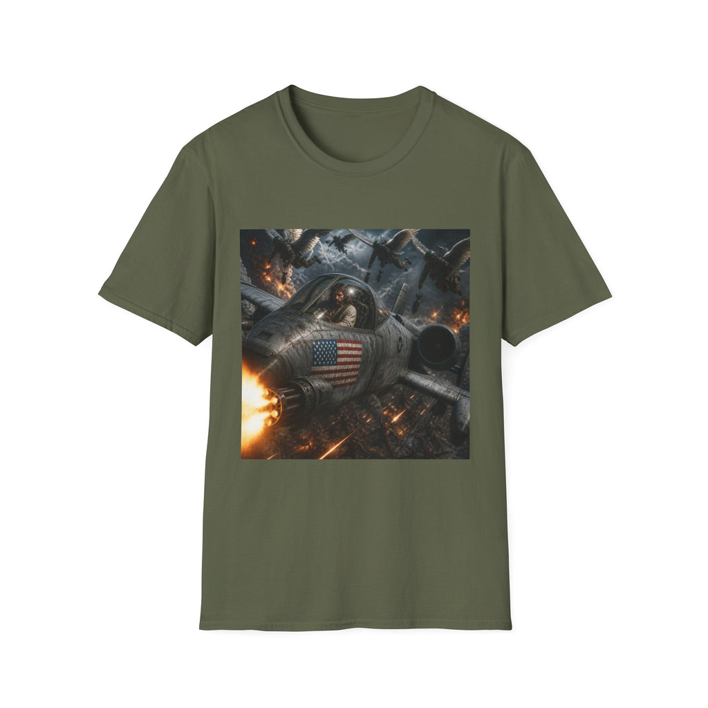 Jesus Military Pilot T‑Shirt — Vintage Jetfighter Scene with American Flag