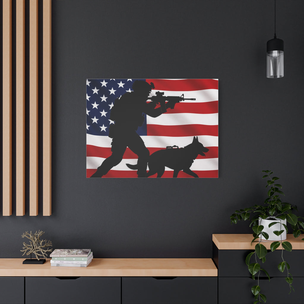 Patriotic Military K9 Canvas Wall Art — Soldier and Dog Silhouette with American Flag