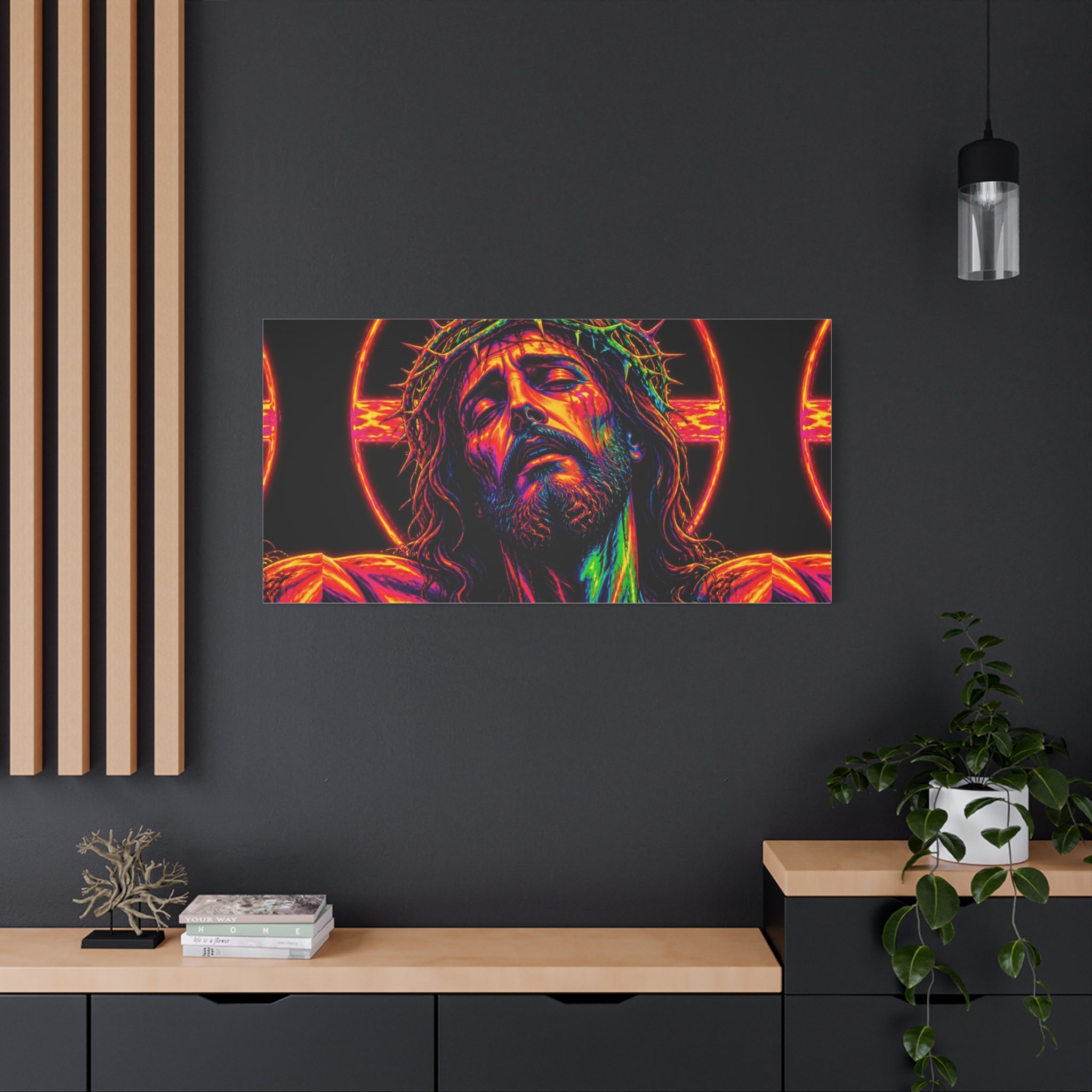 Neon Christ Crucifix Canvas Print — Vibrant Religious Wall Art