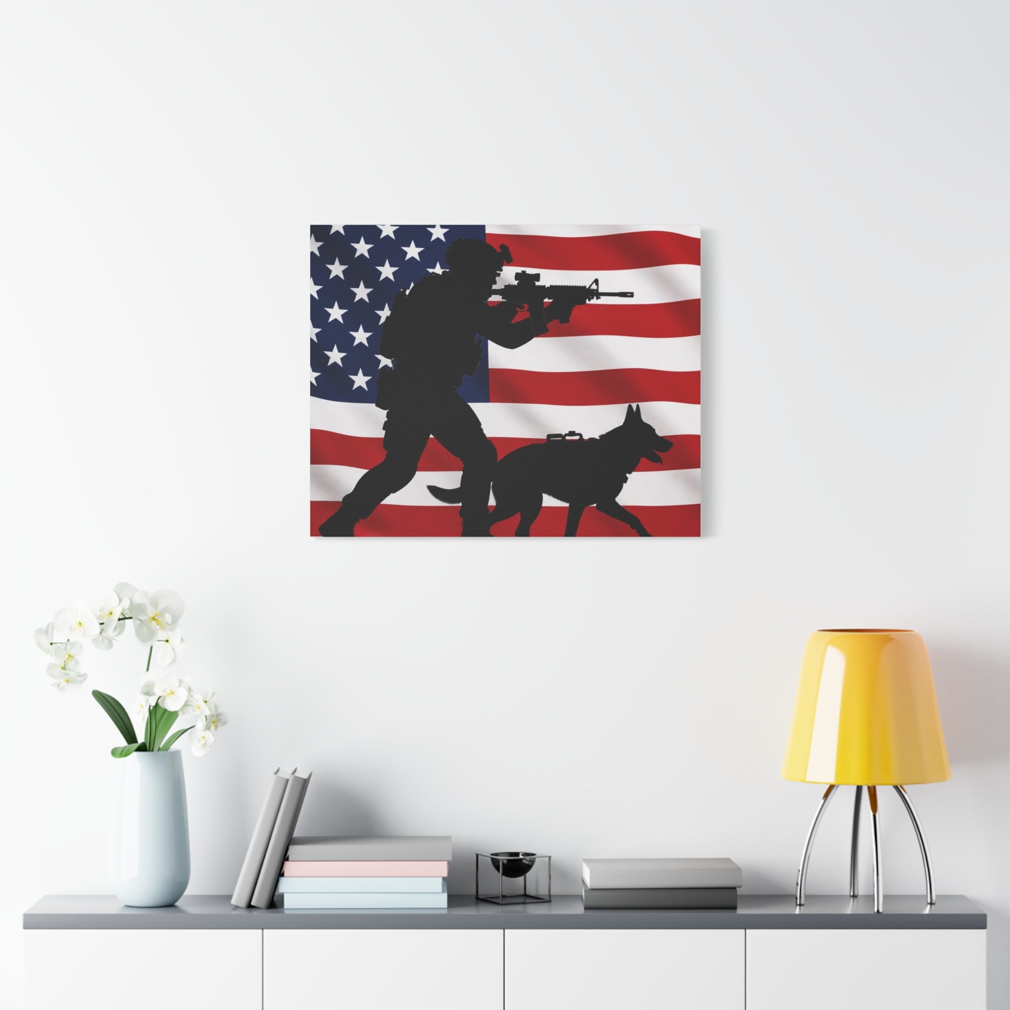 Patriotic Military K9 Canvas Wall Art — Soldier and Dog Silhouette with American Flag