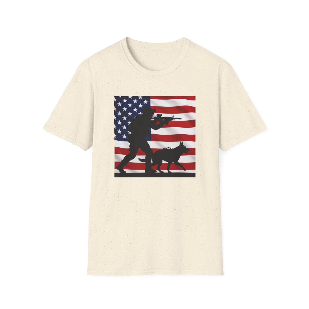 Patriotic K9 Handler T-Shirt — American Flag Soldier with Dog Graphic