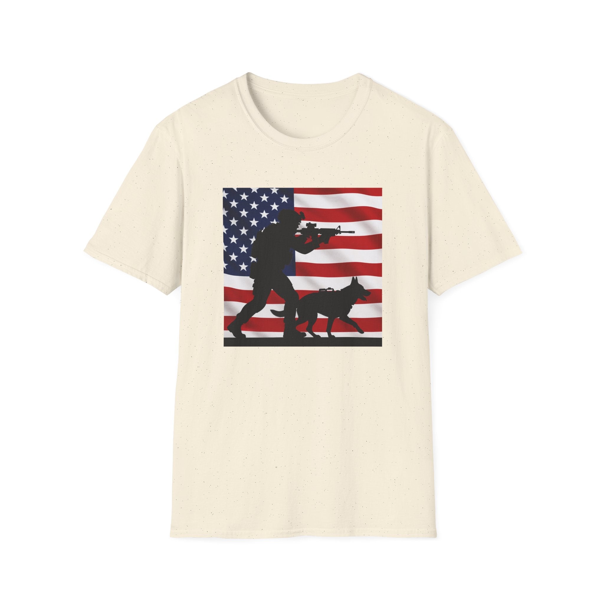 Patriotic K9 Handler T-Shirt — American Flag Soldier with Dog Graphic