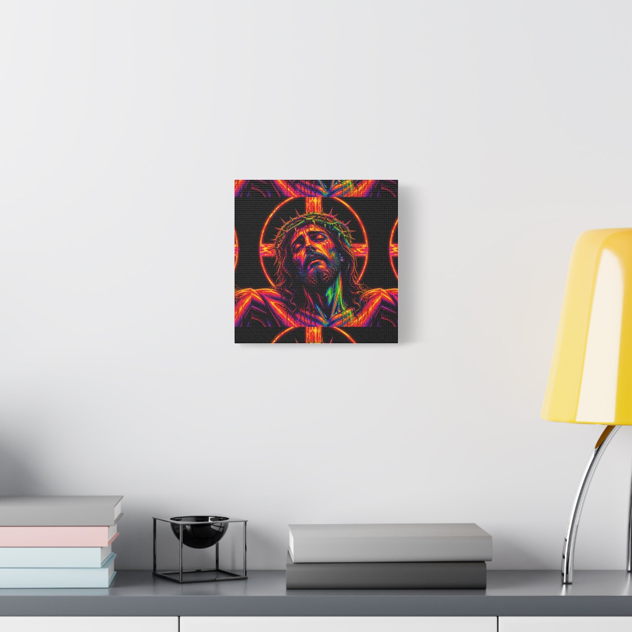 Neon Christ Crucifix Canvas Print — Vibrant Religious Wall Art