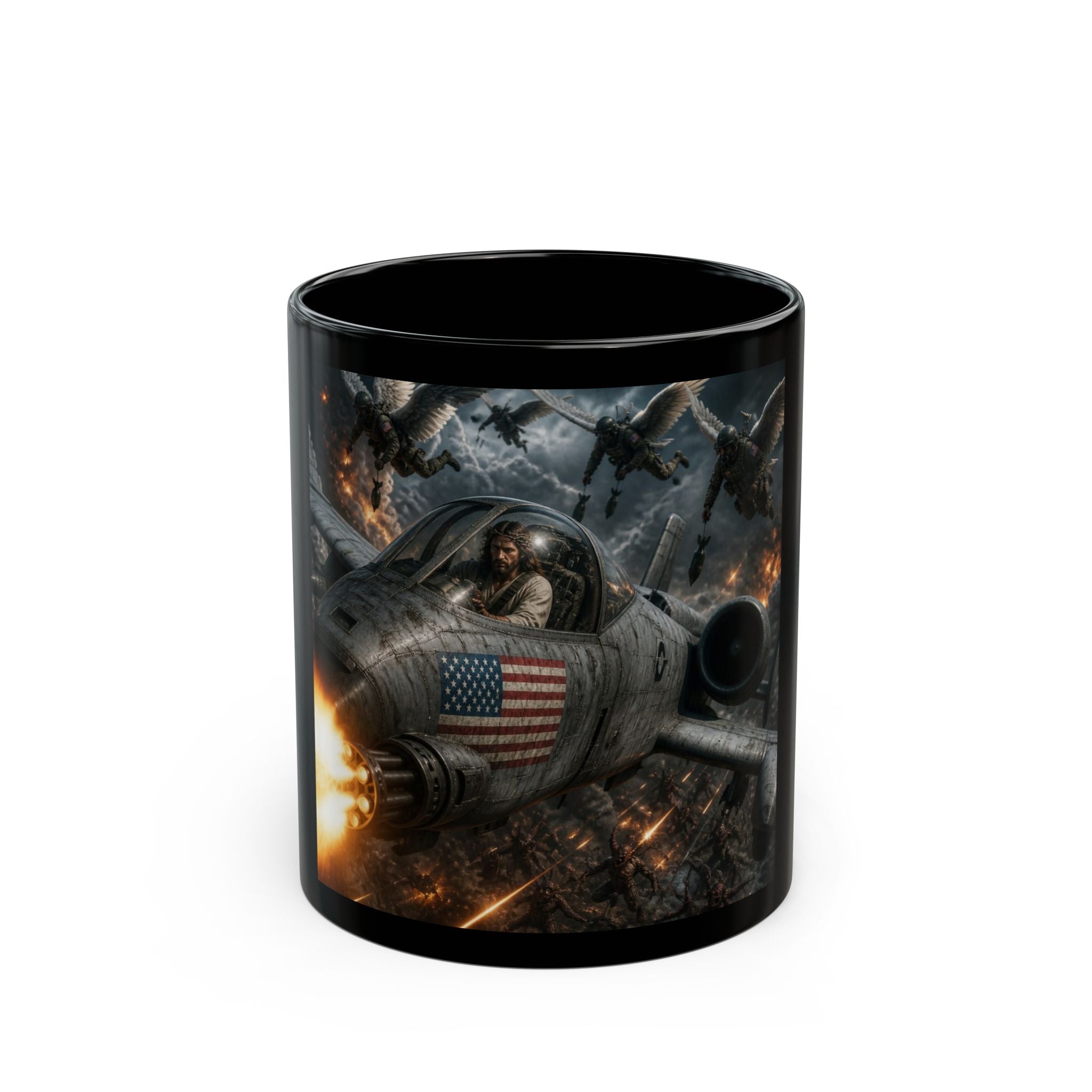Military Jet Combat Black Mug — A-10 Thunderbolt II with American Flag - Jesus Pilot