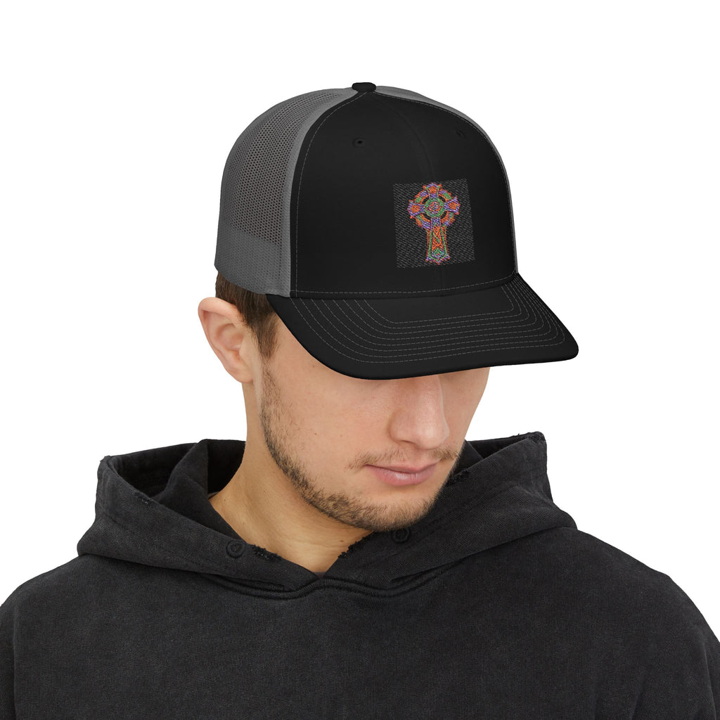 Floral Cross Snapback Trucker Cap — Colorful Mosaic Church Cross Hat