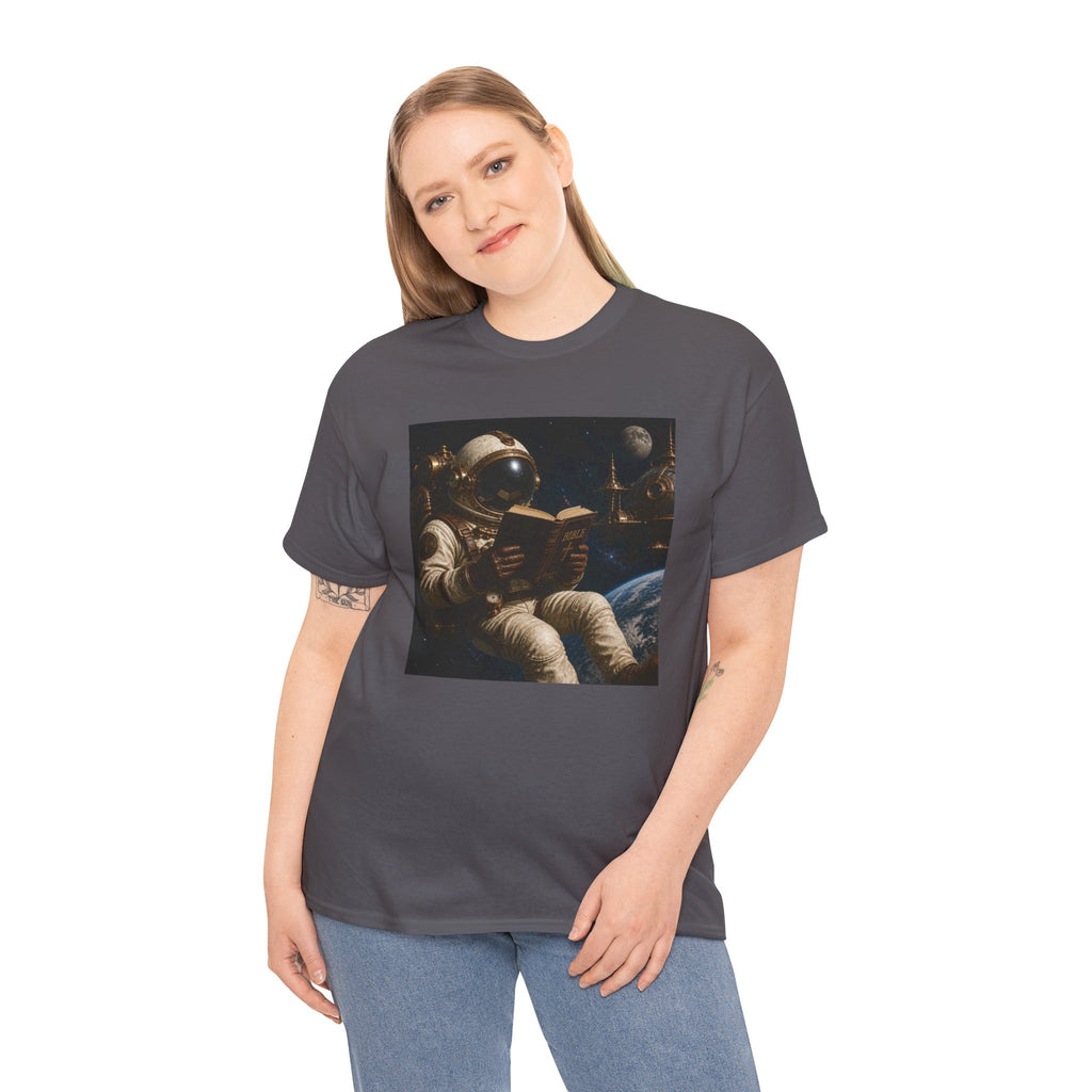 Astronaut Reading Graphic Tee — Spacebook Retro Sci‑Fi T-Shirt - Steampunk