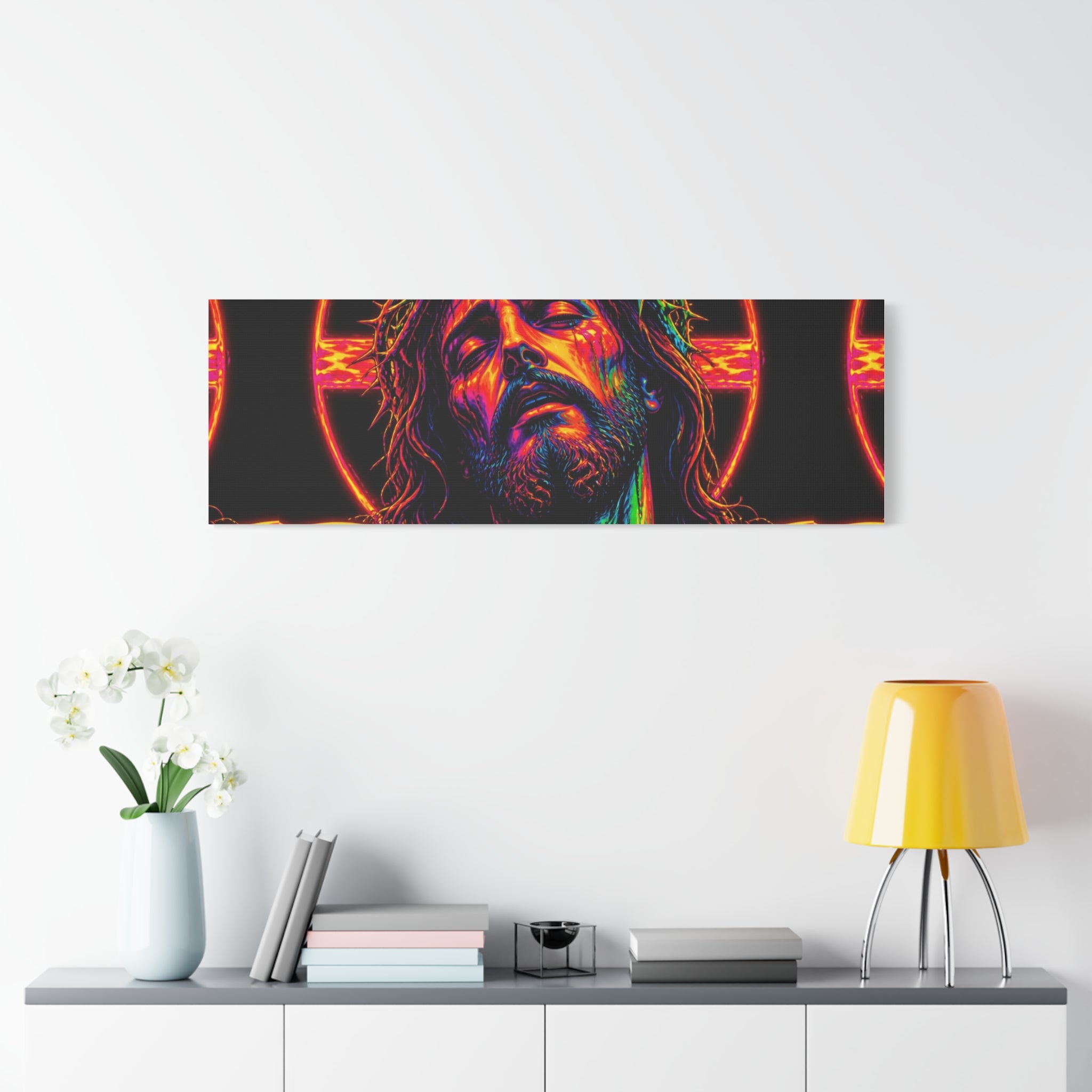 Neon Christ Crucifix Canvas Print — Vibrant Religious Wall Art
