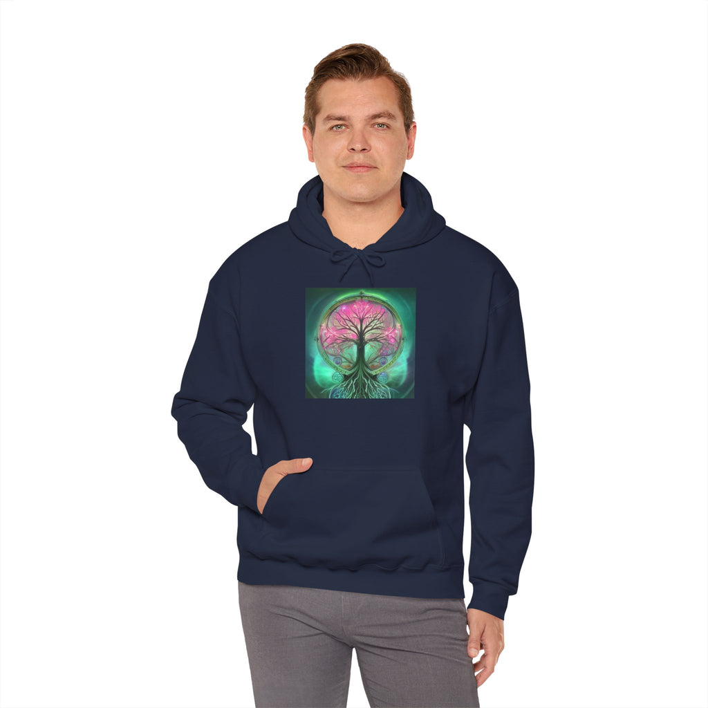Tree of Life Hoodie — Vibrant Pink & Teal Spiritual Graphic Hooded Sweatshirt
