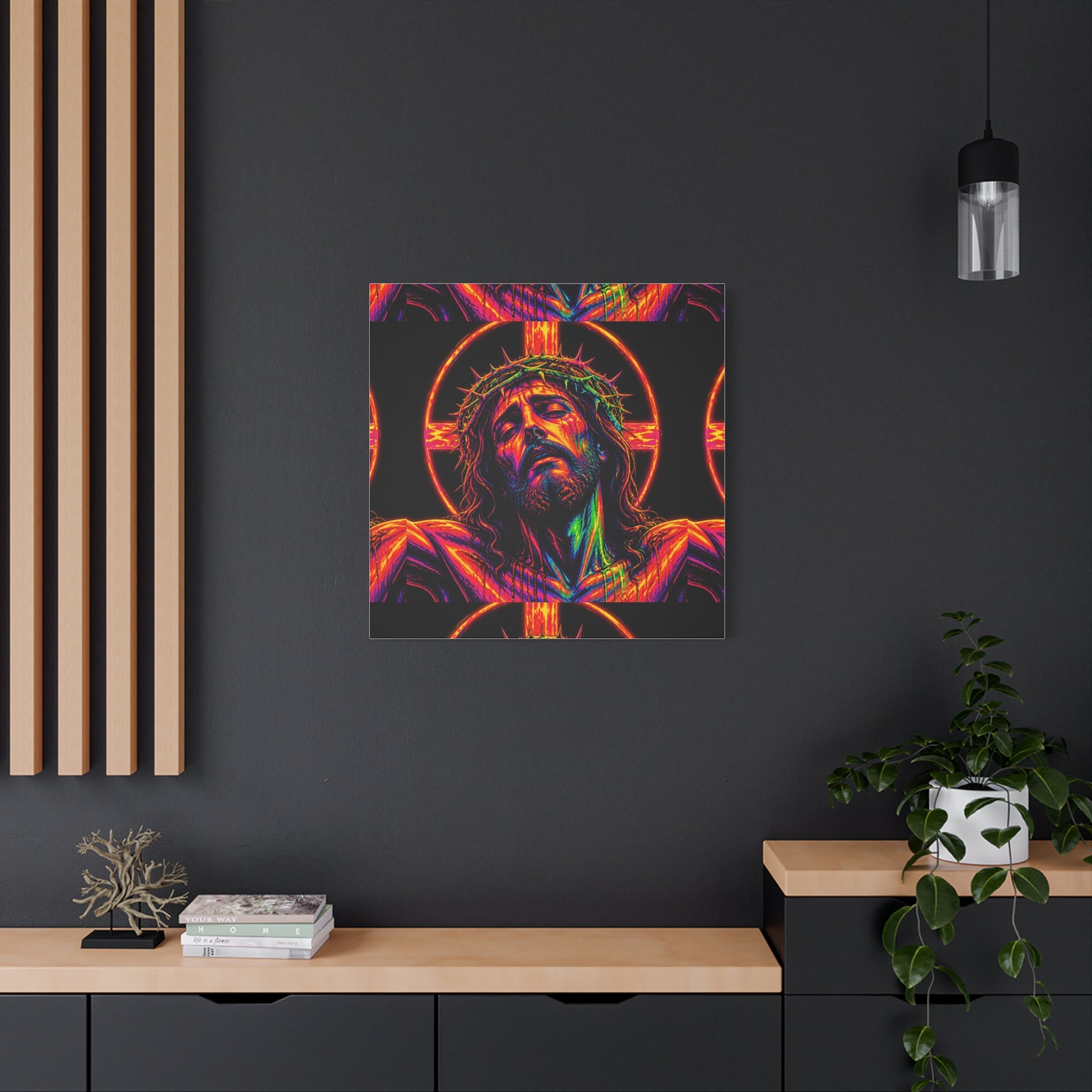 Neon Christ Crucifix Canvas Print — Vibrant Religious Wall Art