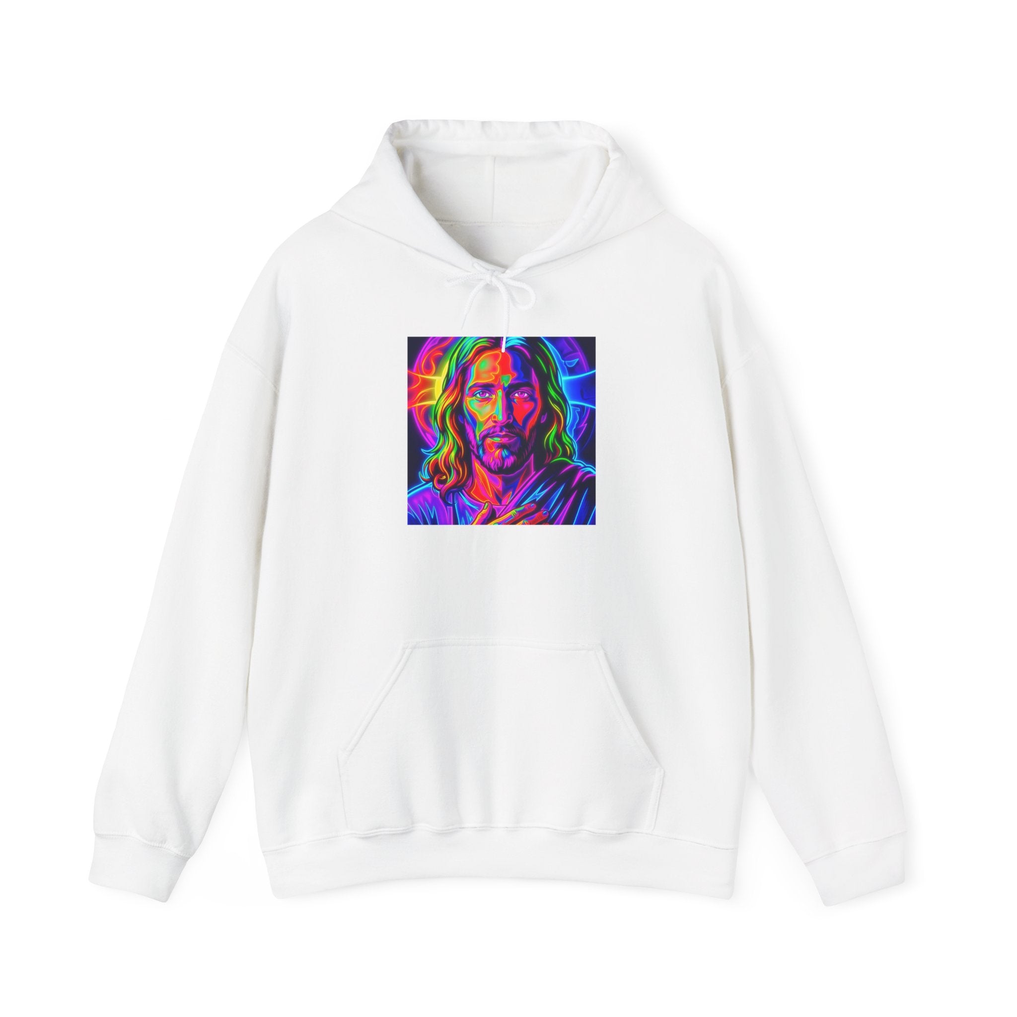 Psychedelic Jesus Portrait Hoodie — Vibrant Rainbow Christian Graphic Sweatshirt