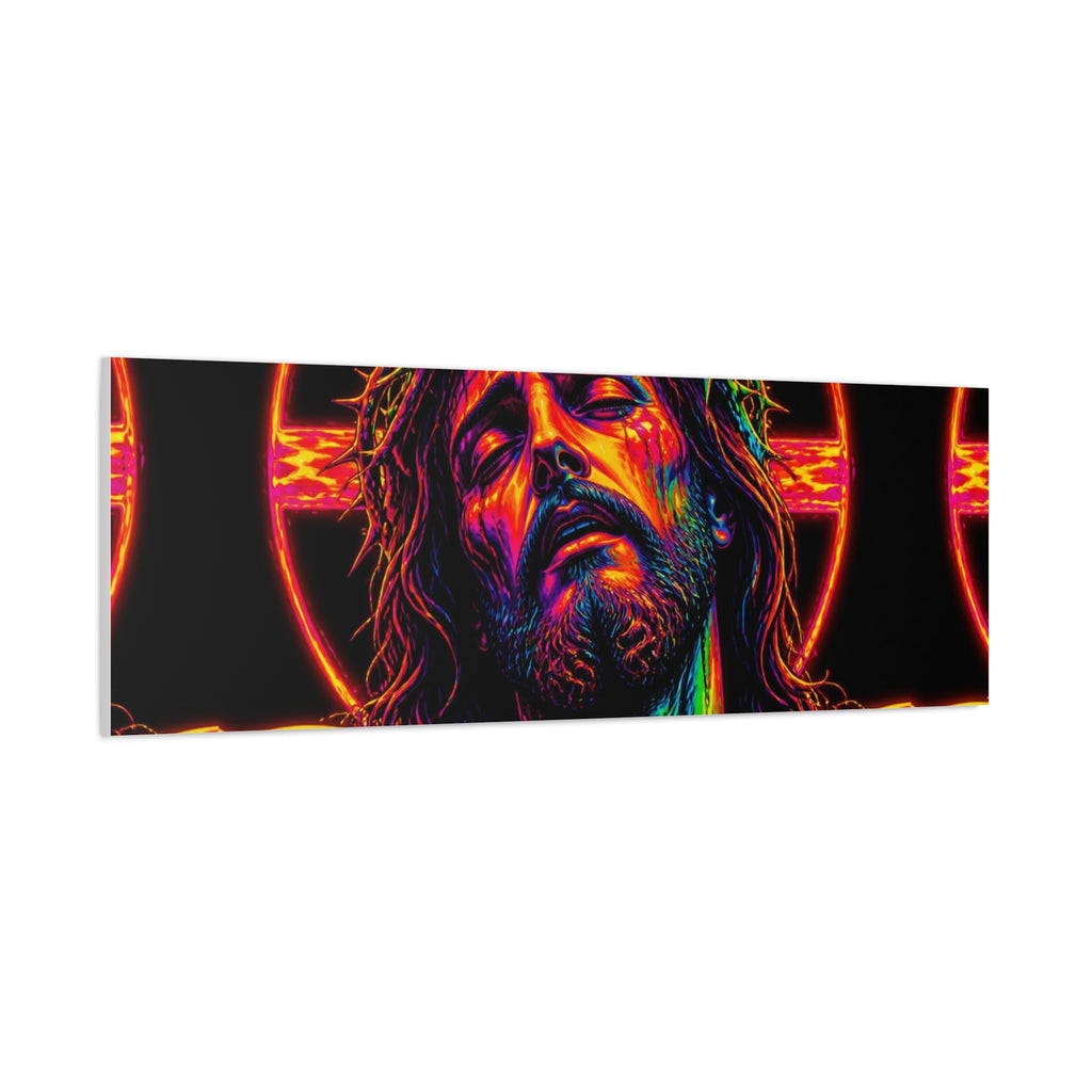 Neon Christ Crucifix Canvas Print — Vibrant Religious Wall Art