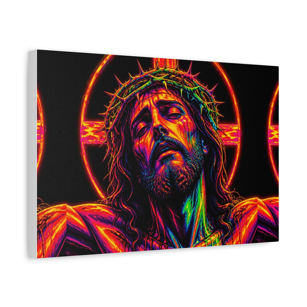 Neon Christ Crucifix Canvas Print — Vibrant Religious Wall Art