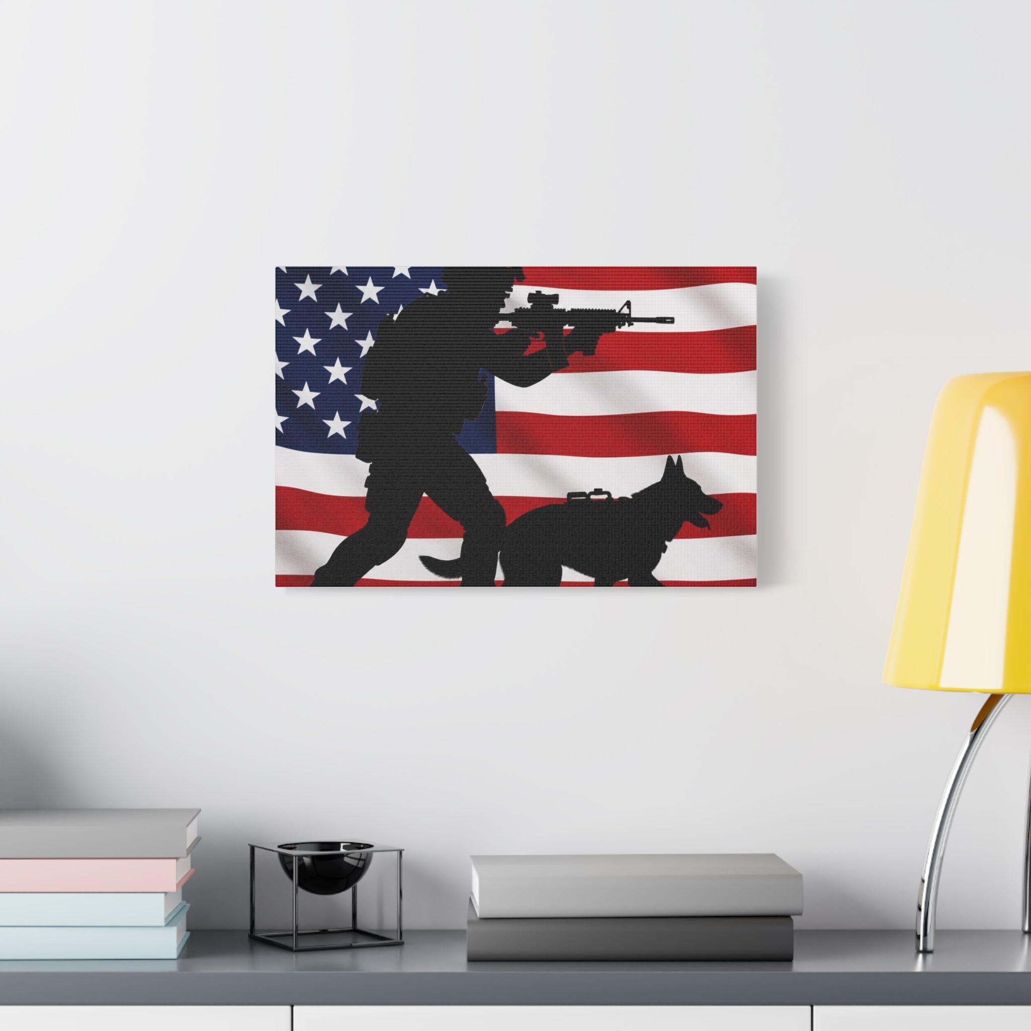 Patriotic Military K9 Canvas Wall Art — Soldier and Dog Silhouette with American Flag