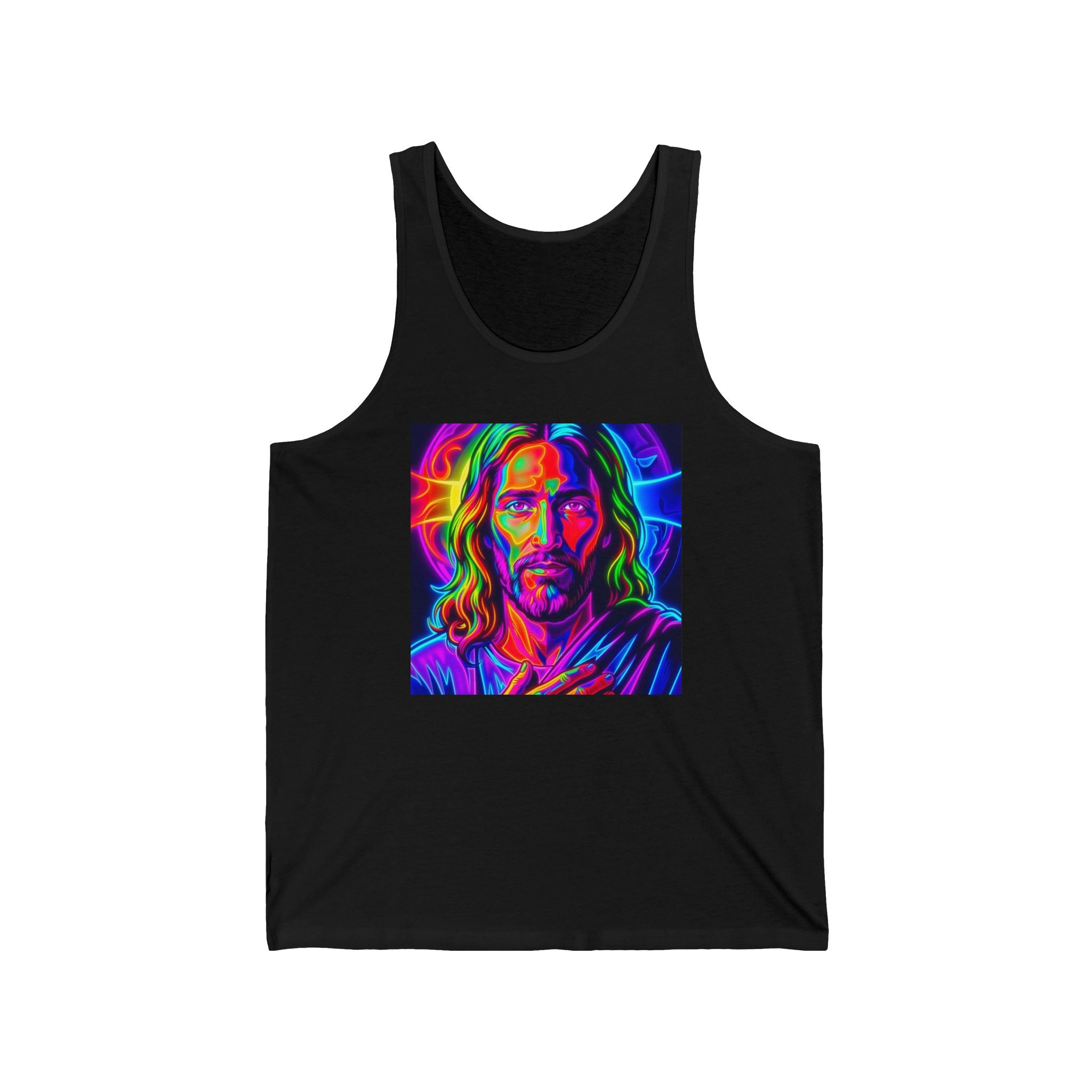 Psychedelic Jesus Portrait Tank Top — Neon Religious Art Graphic Tank