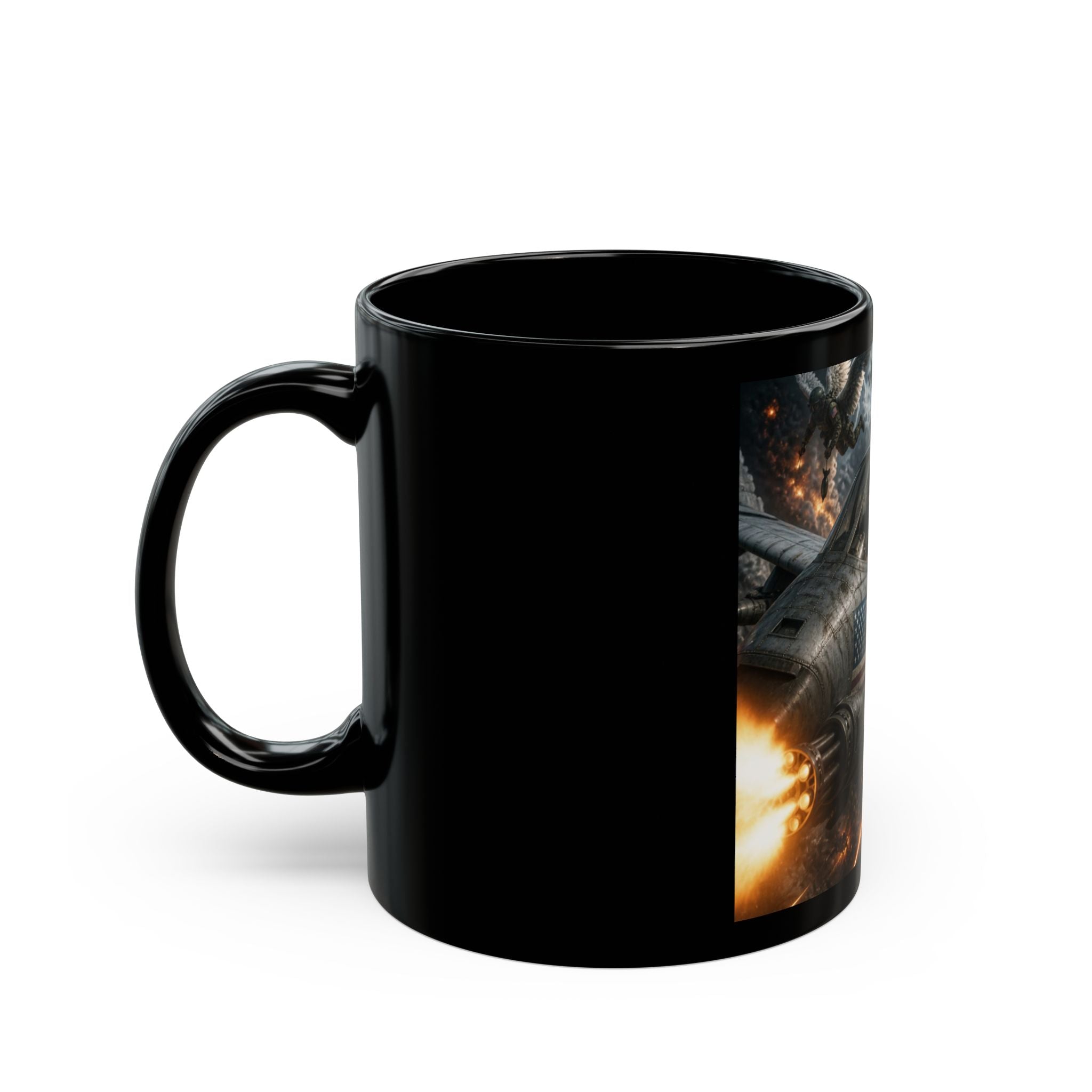 Military Jet Combat Black Mug — A-10 Thunderbolt II with American Flag - Jesus Pilot
