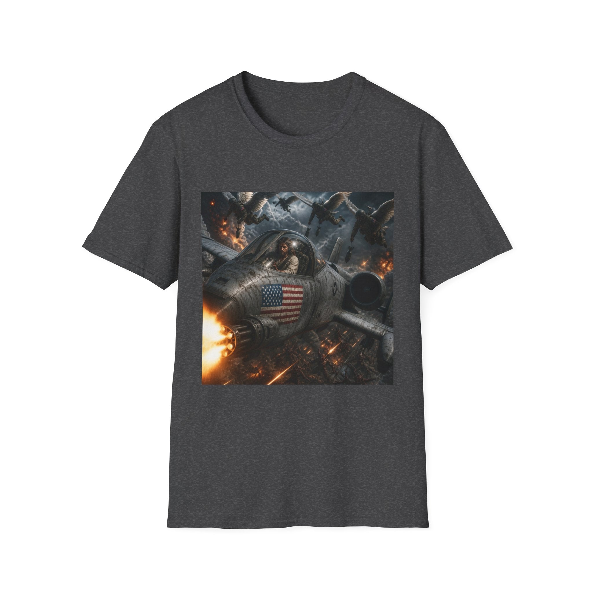 Jesus Military Pilot T‑Shirt — Vintage Jetfighter Scene with American Flag