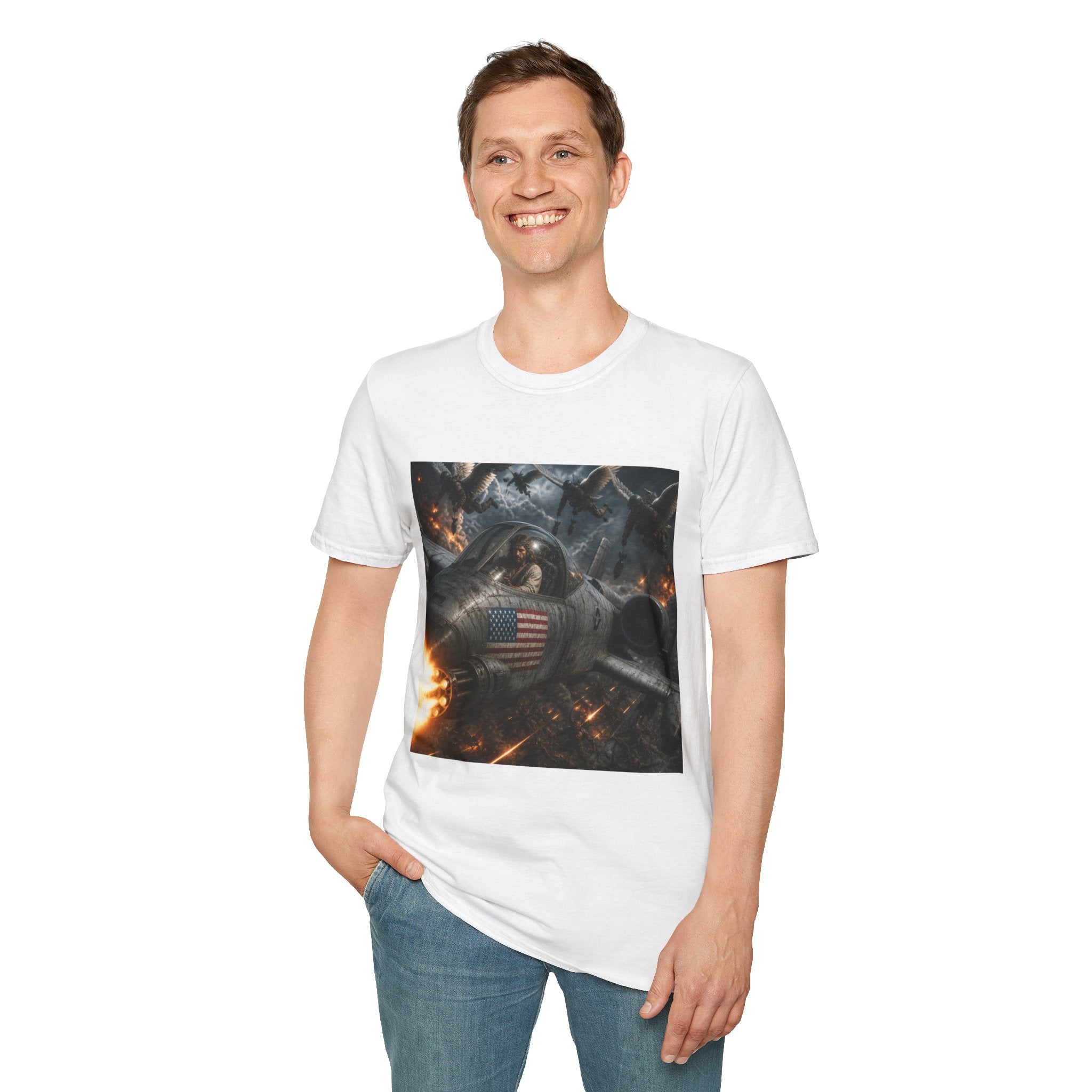Jesus Military Pilot T‑Shirt — Vintage Jetfighter Scene with American Flag